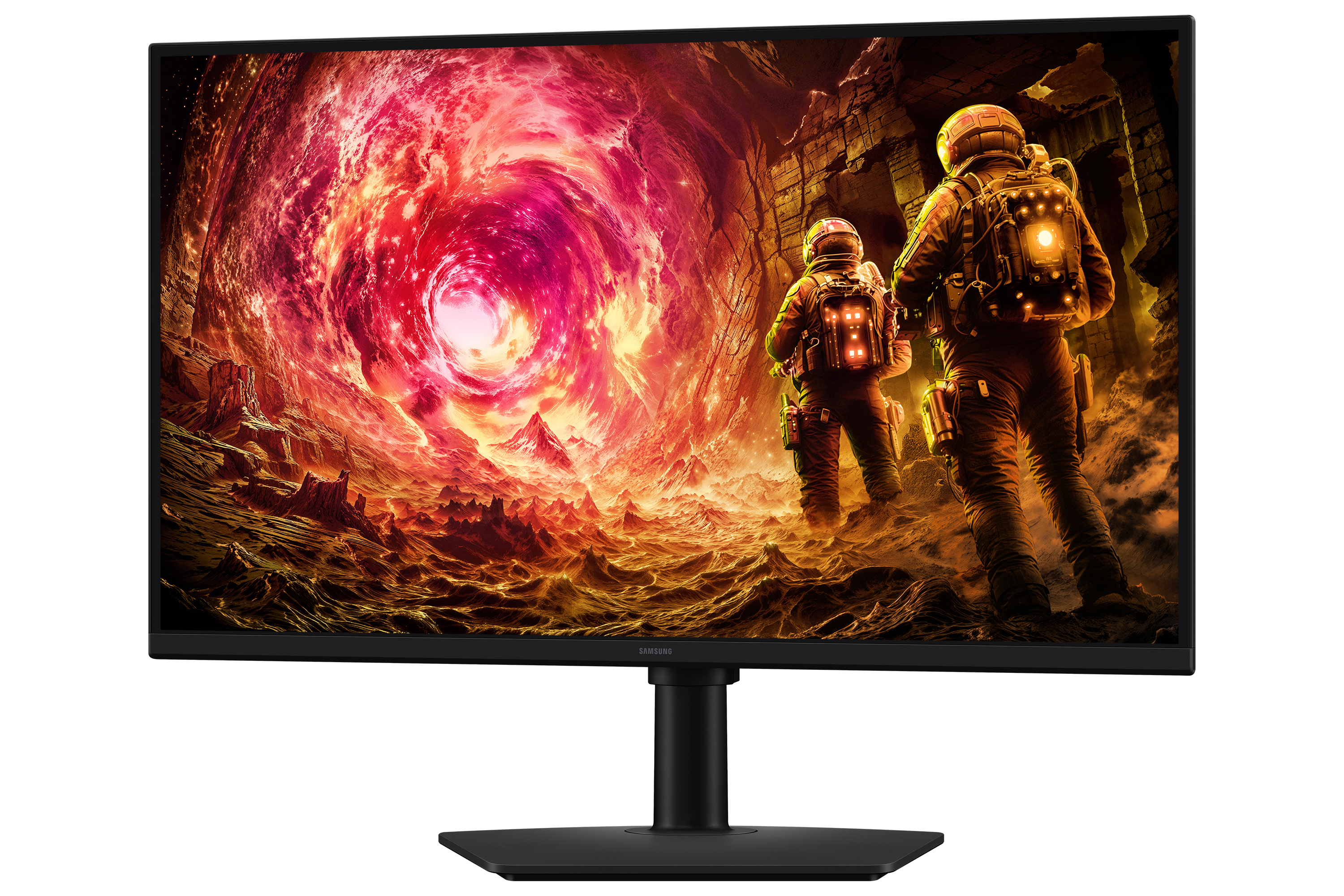 Zwei Astronauten erkunden eine feurige Landschaft mit einem wirbelnden Vortex auf einem Computerbildschirm.
