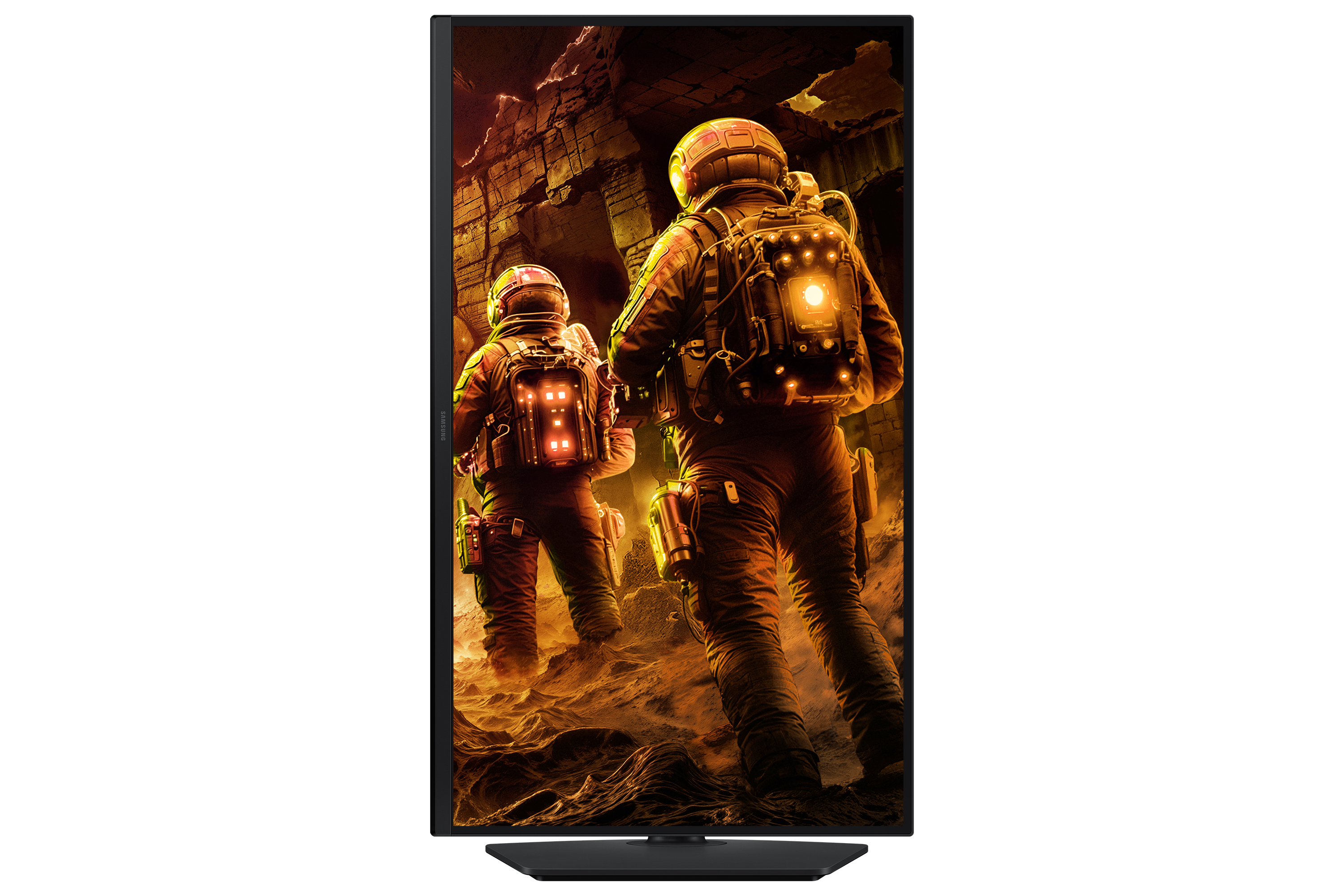 Zwei Astronauten in leuchtender Ausrüstung gehen in einer schwach beleuchteten Höhle. Hintergrund ist eine Steinmauer und ein leuchtender Boden.