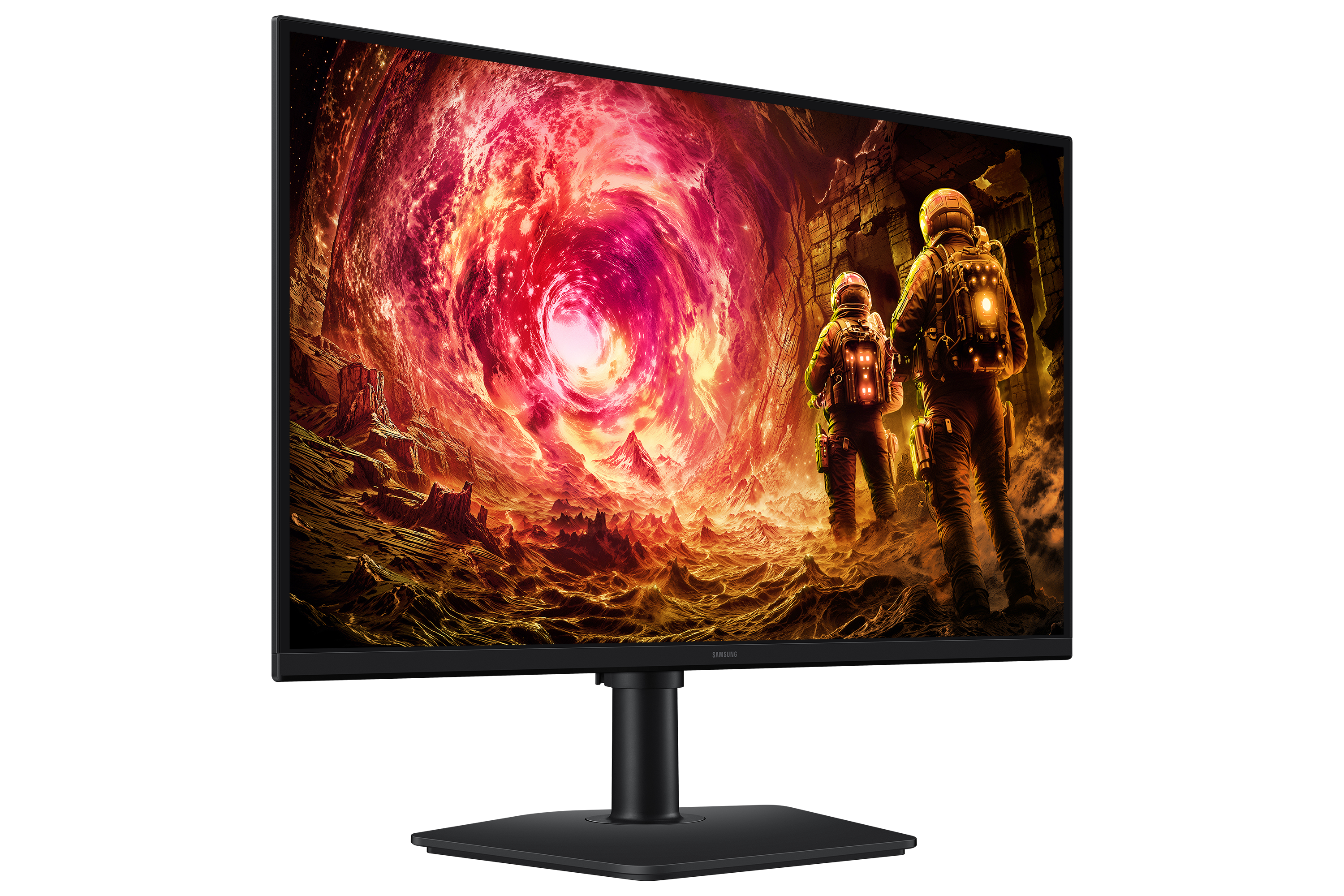 Monitor zeigt Astronauten in einer feurigen Weltraumszene. Der Monitor befindet sich auf schwarzem Grund.