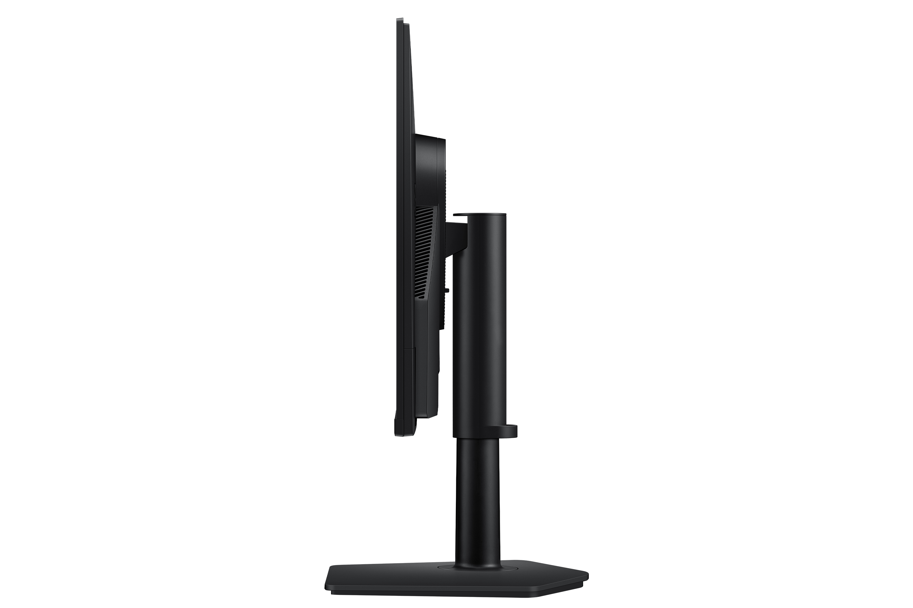 Seitenansicht eines schwarzen Computermonitors. Er ist auf einem schwarzen Ständer vor schwarzem Hintergrund montiert.