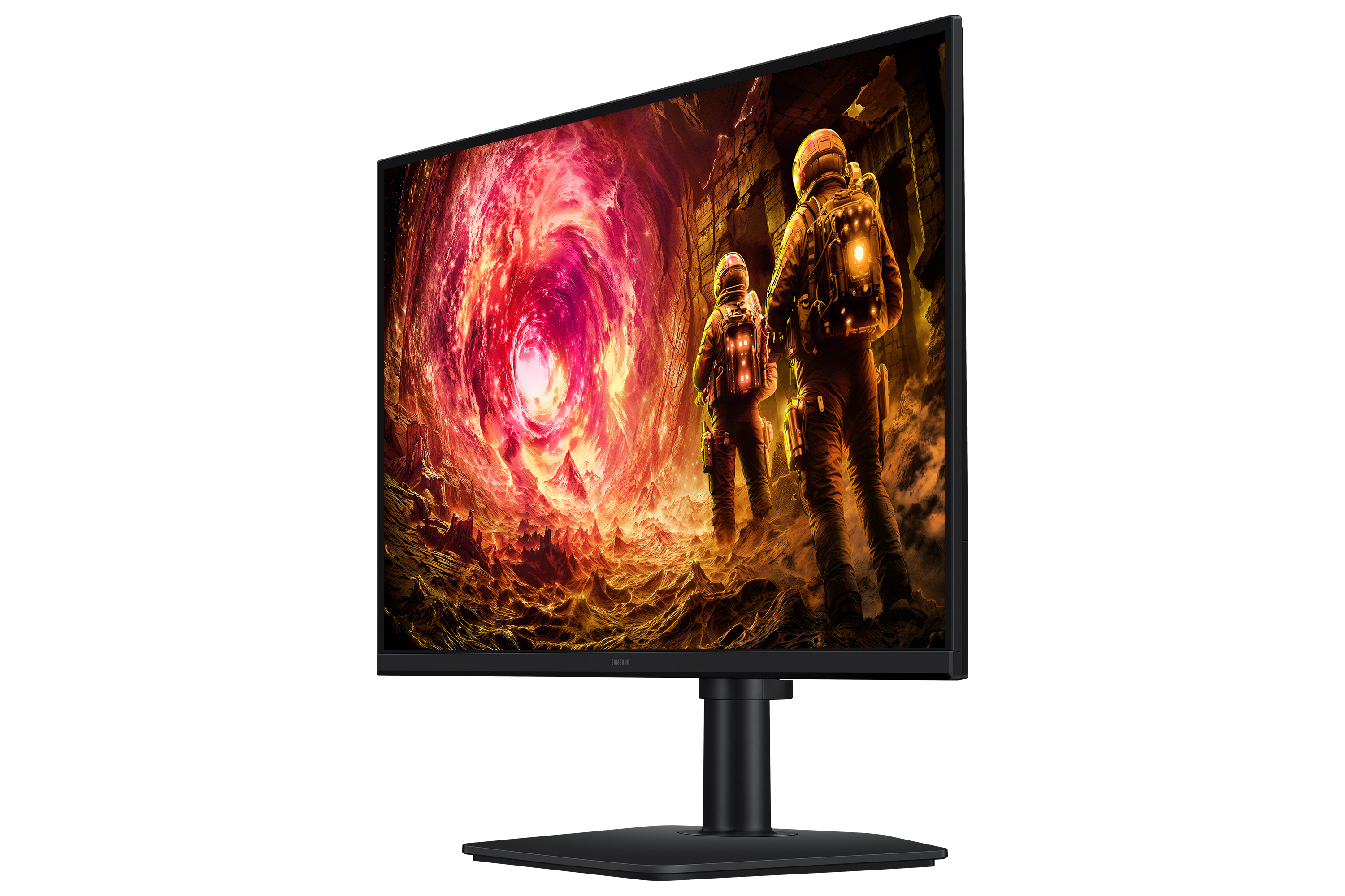 Zwei Astronauten stehen vor einem Wirbelportal auf einem Monitor. Die Szene spielt in einer felsigen, feurigen Landschaft.