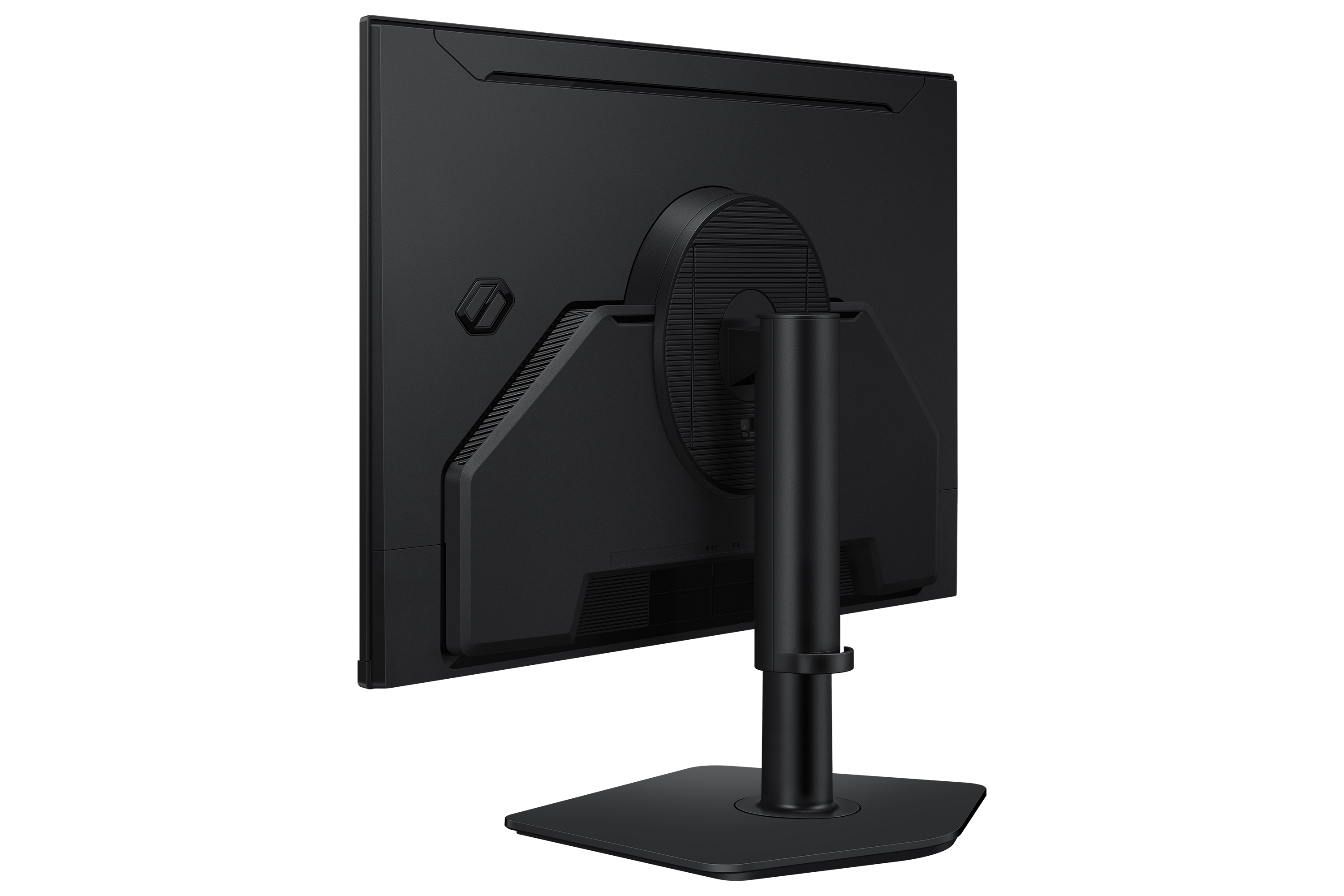 Die Rückseite eines schwarzen Computermonitors mit Ständer und Anschlüssen. Der Hintergrund ist schwarz.