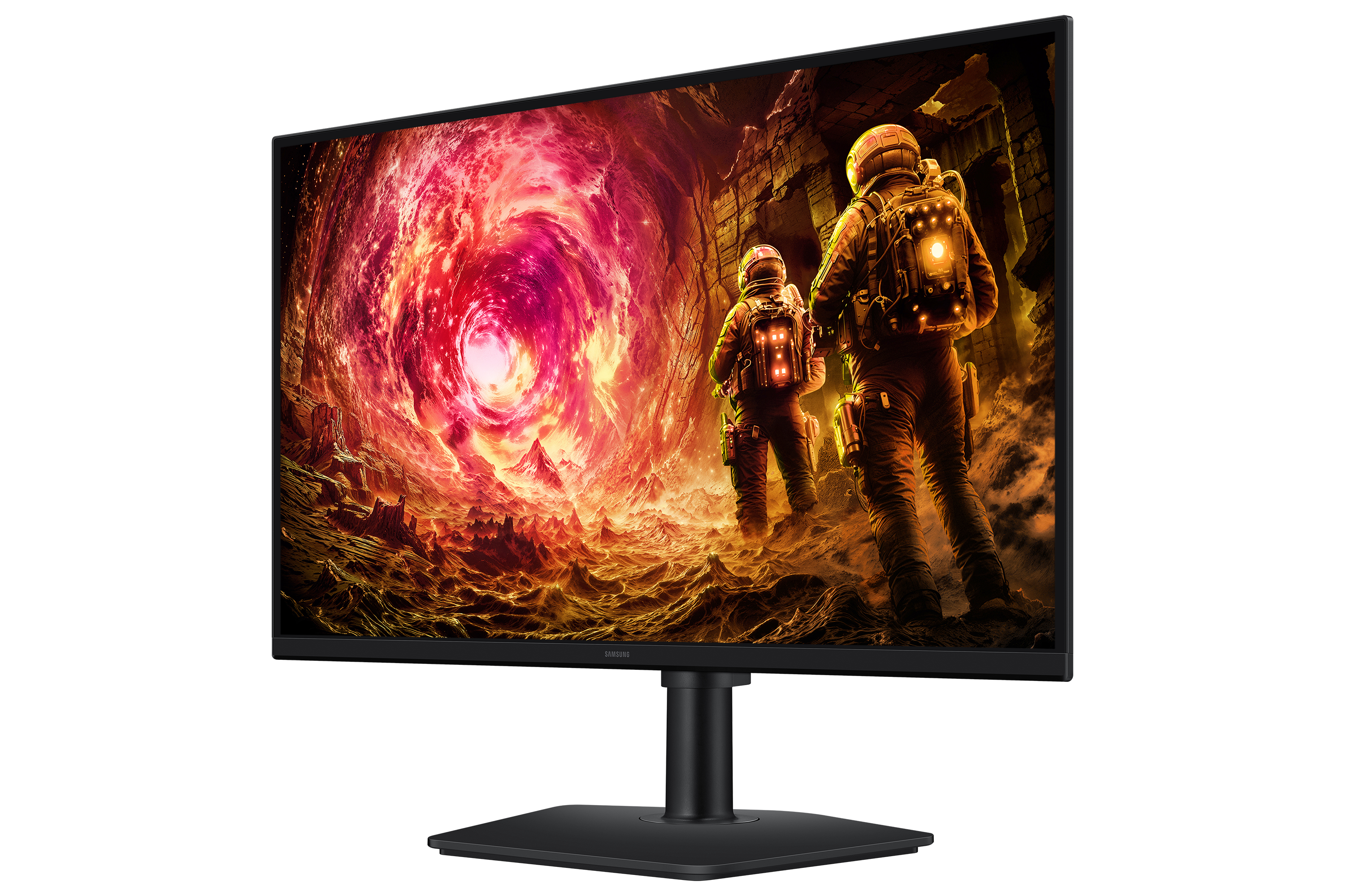 Zwei Astronauten mit leuchtenden Rucksäcken gehen auf ein feuriges Portal auf einem Monitor zu.