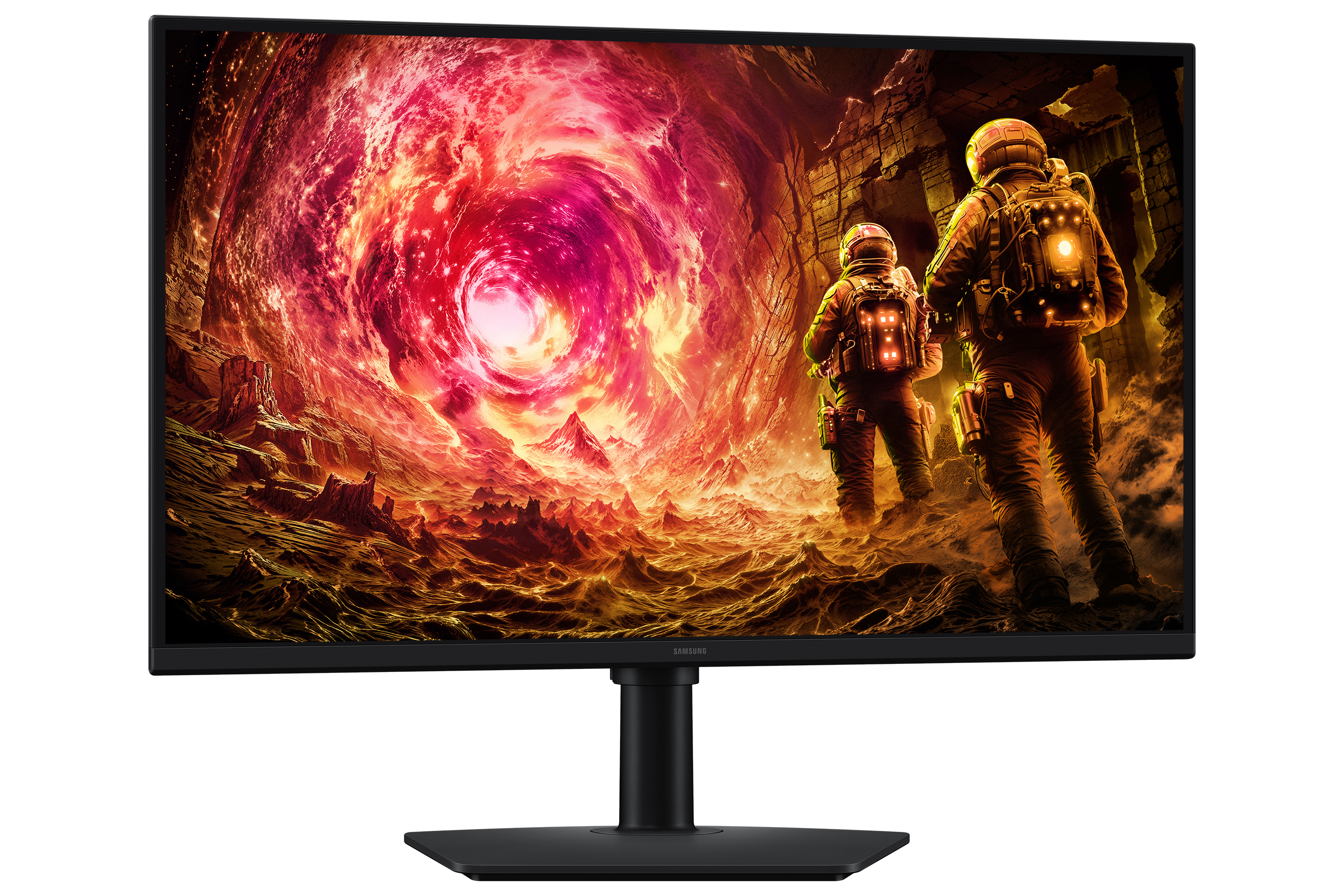 Monitor zeigt Astronauten in einer feurigen Landschaft, die einem wirbelnden Portal gegenüberstehen. Schwarzer Hintergrund.