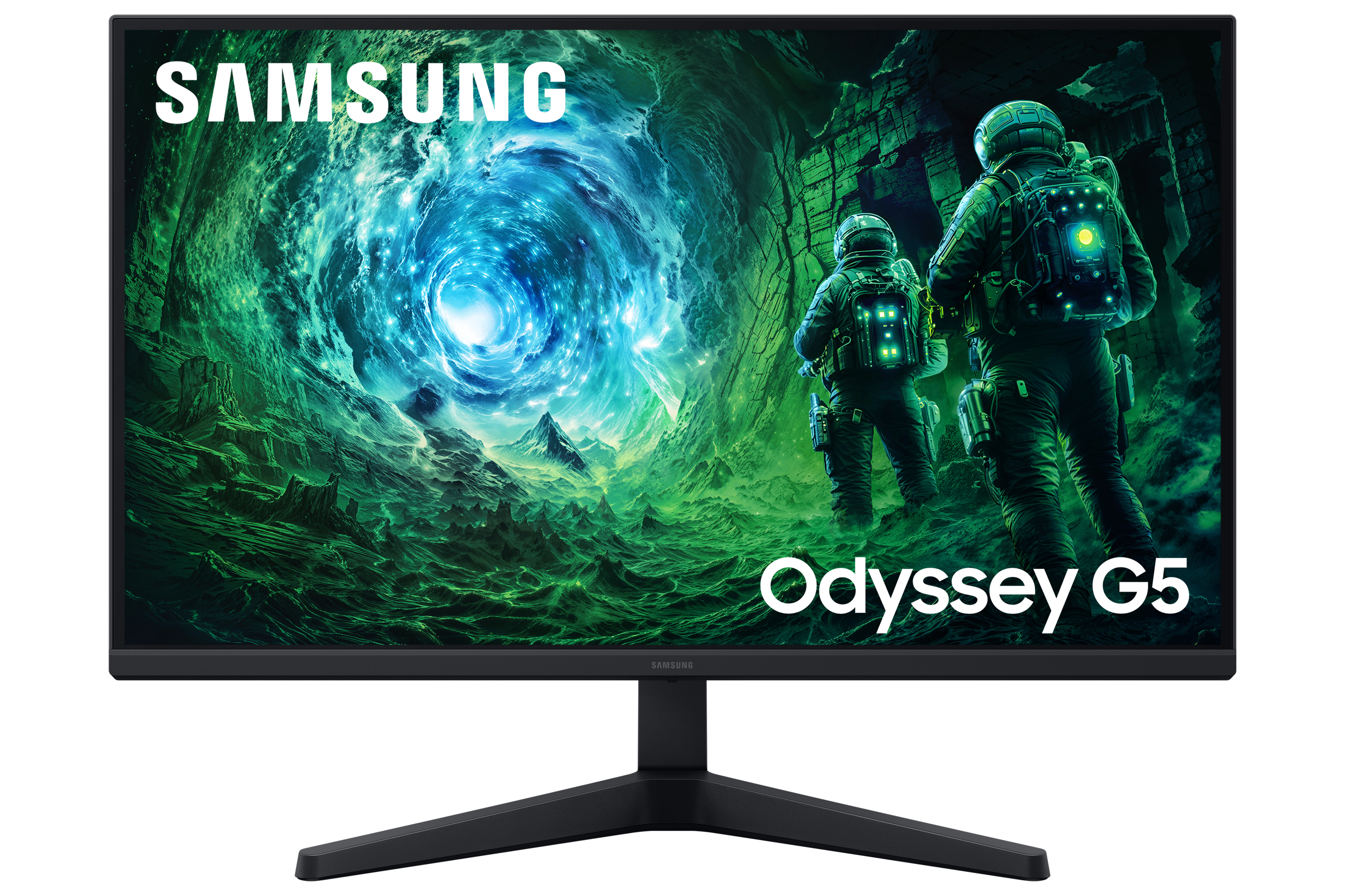 Monitor Samsung Odyssey G5 wyświetla astronautów w zielonej mgle. Czarna podstawa i logo Samsung.