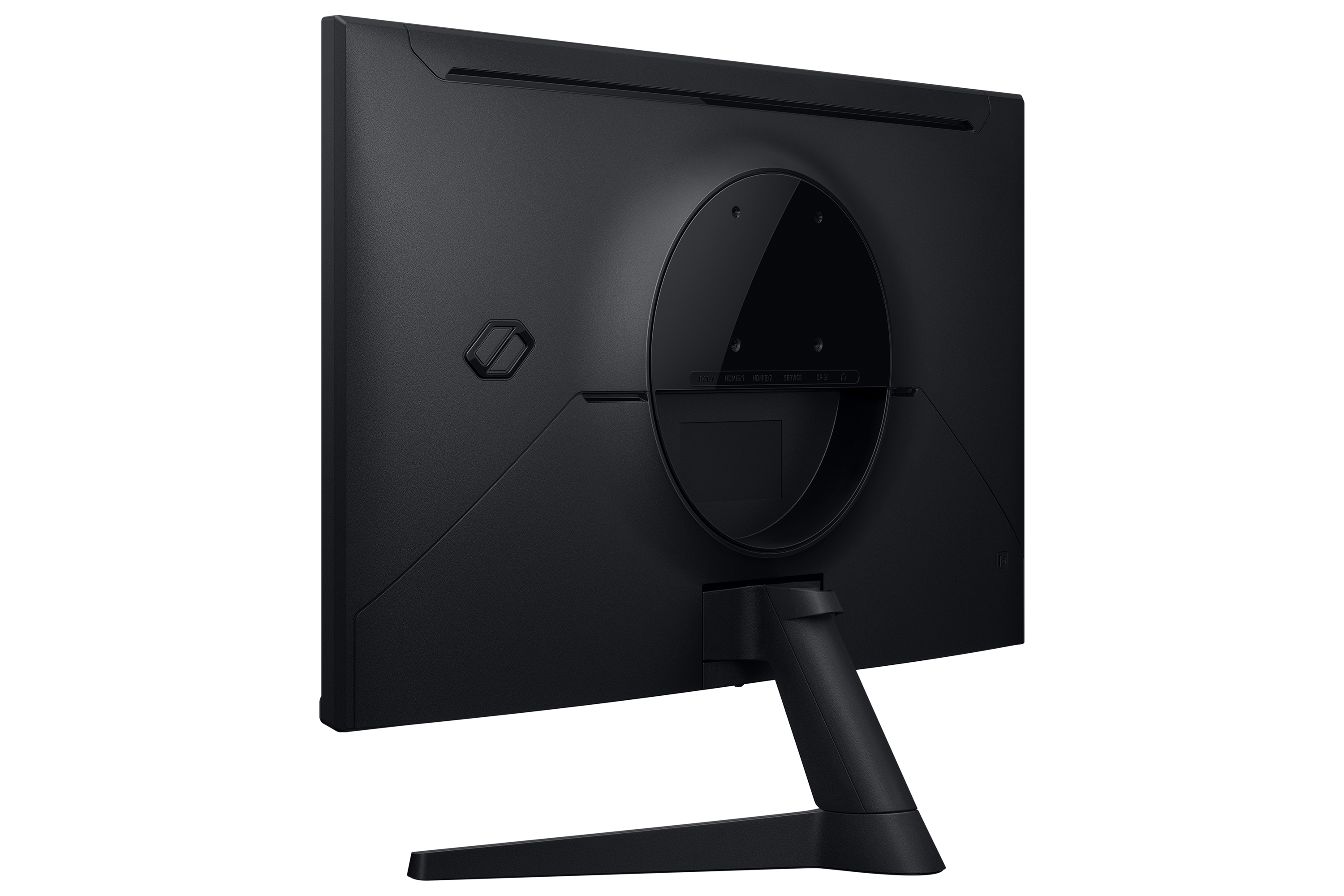 Pokazano tył czarnego monitora komputera. Porty są widoczne na dole, a podstawa go podtrzymuje.