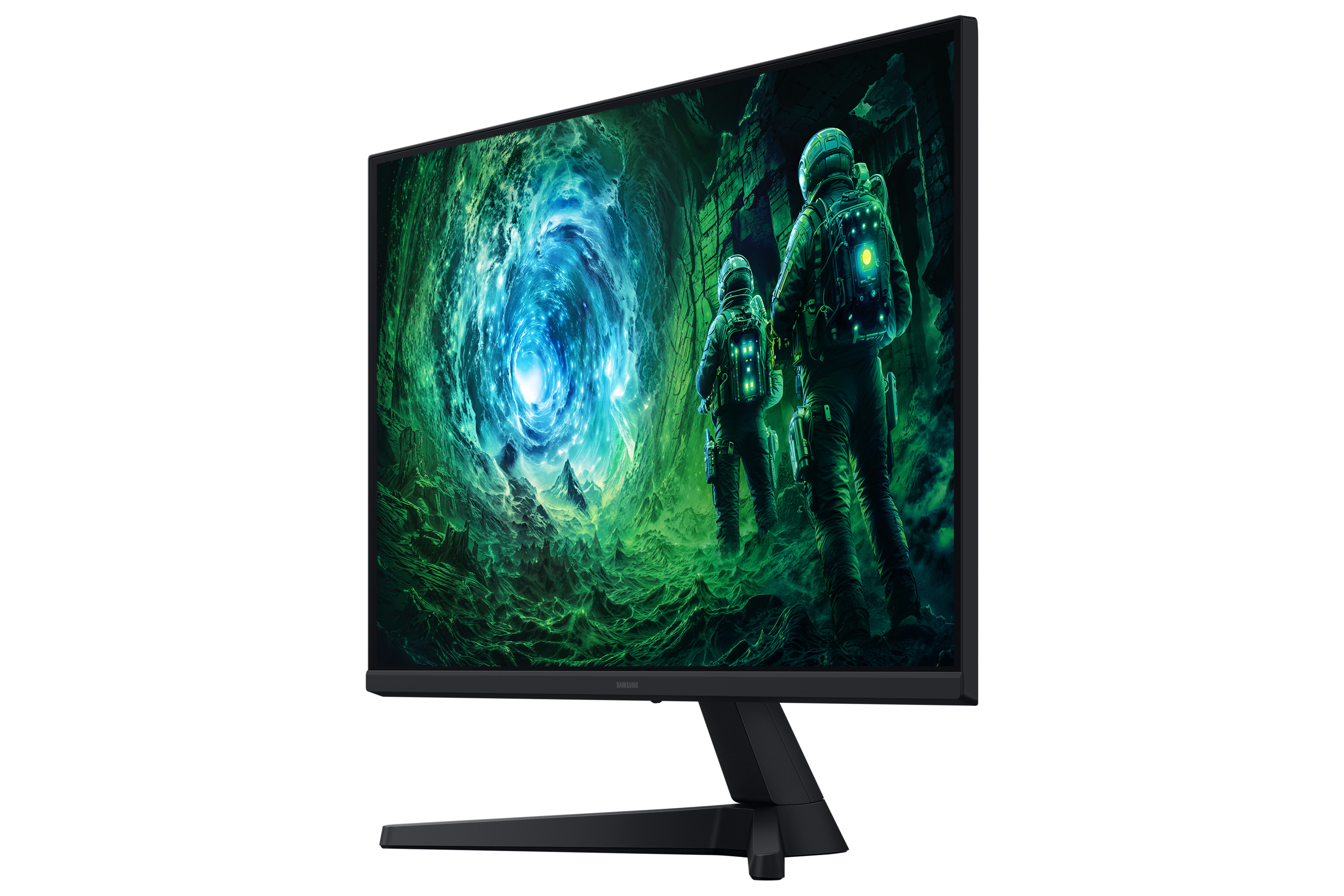 Monitor wyświetlający astronautów eksplorujących zielony i niebieski wir. Monitor jest czarny i na czarnym tle.