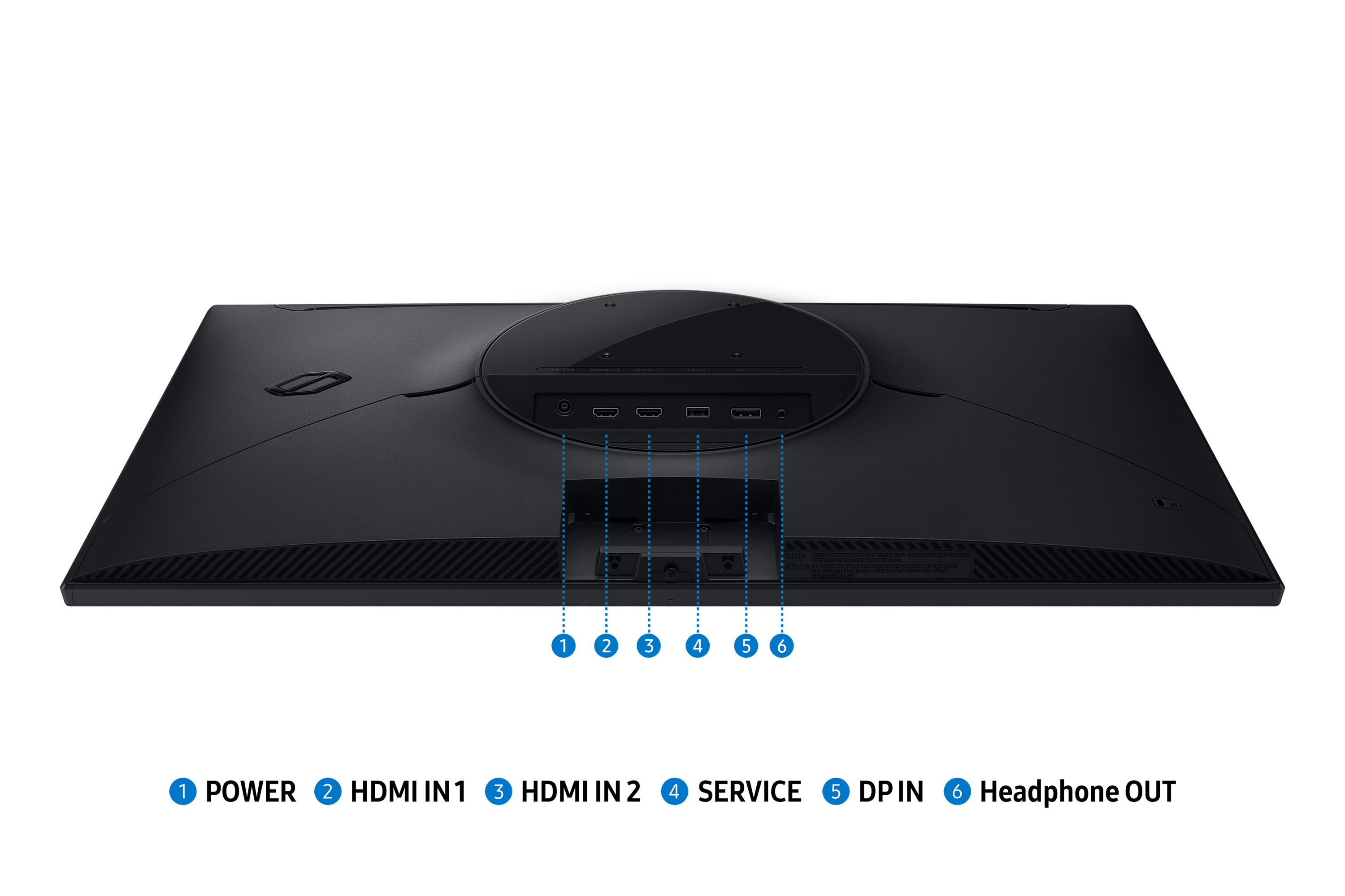 Tył czarnego monitora z oznaczonymi portami. Zawiera DC19V, HDMI, DP i port serwisowy.