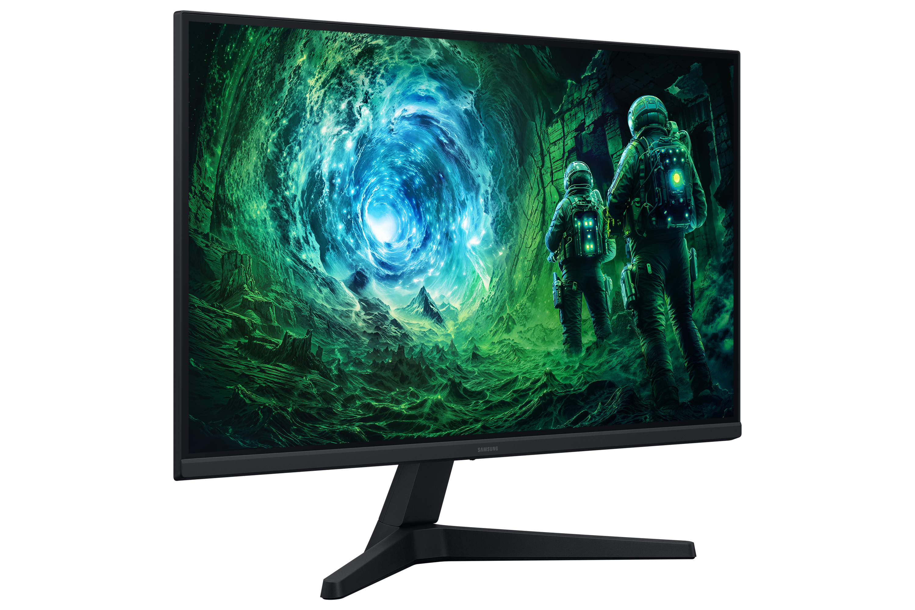 Monitor wyświetla astronautów w zielono-niebieskim środowisku mgławicy. Czarna podstawa i ramka z logo Samsung.