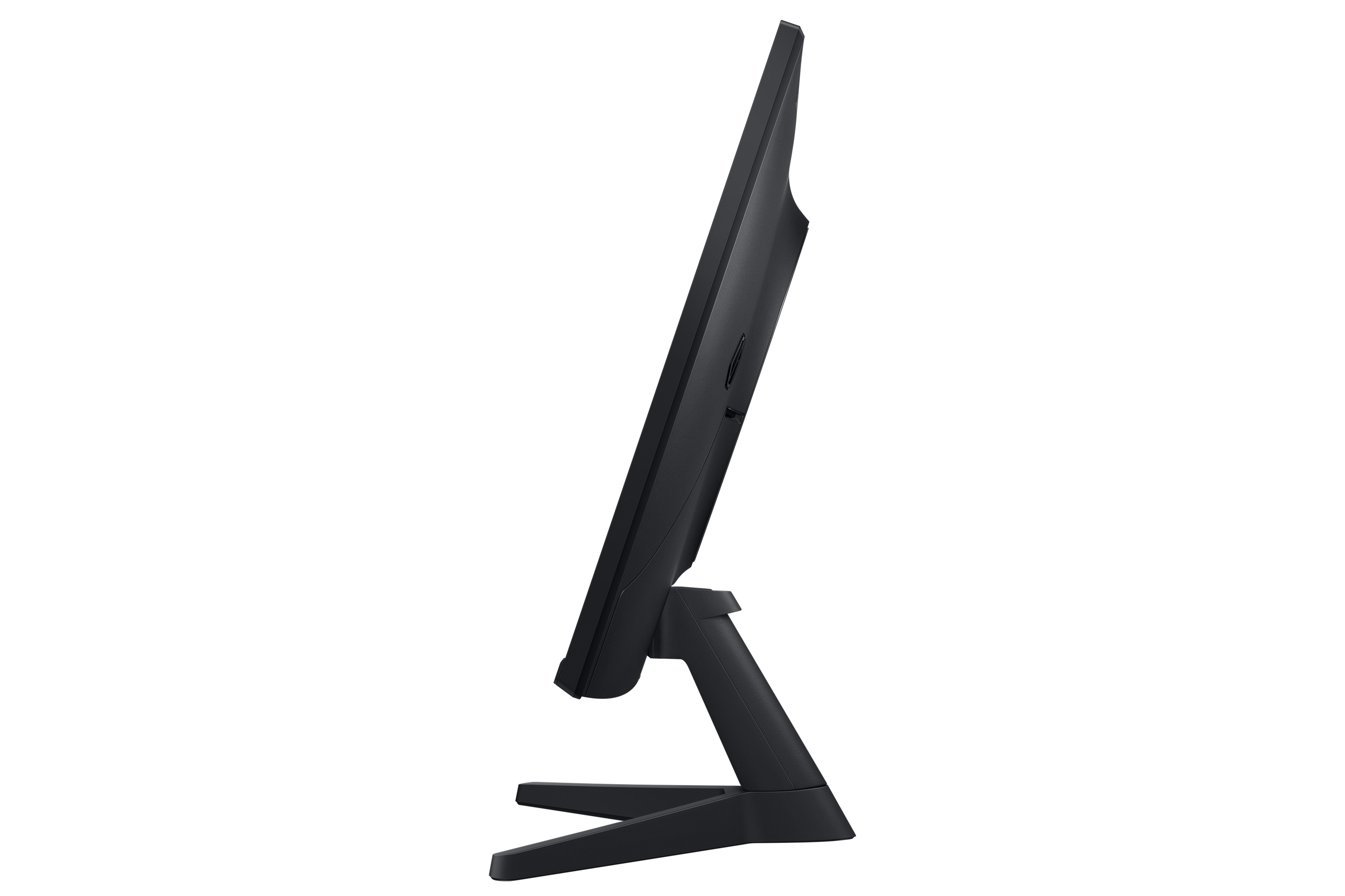 Widok z boku czarnego monitora komputera. Ma podstawę i jest na czarnym tle.