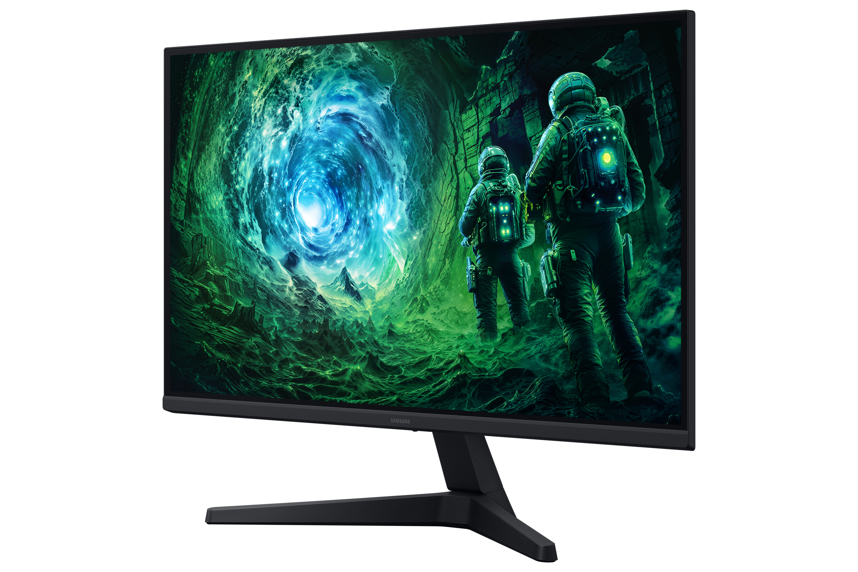 Monitor wyświetlający scenę z astronautami, z dwiema postaciami w zielonych kombinezonach eksplorujących zieloną i niebieską mgławicę.