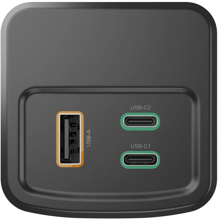 Zbliżenie czarnego urządzenia z portami USB. USB-A w kolorze pomarańczowym i dwa porty USB-C w kolorze zielonym. Etykiety: USB-C2, USB-C1 i USB-A.
