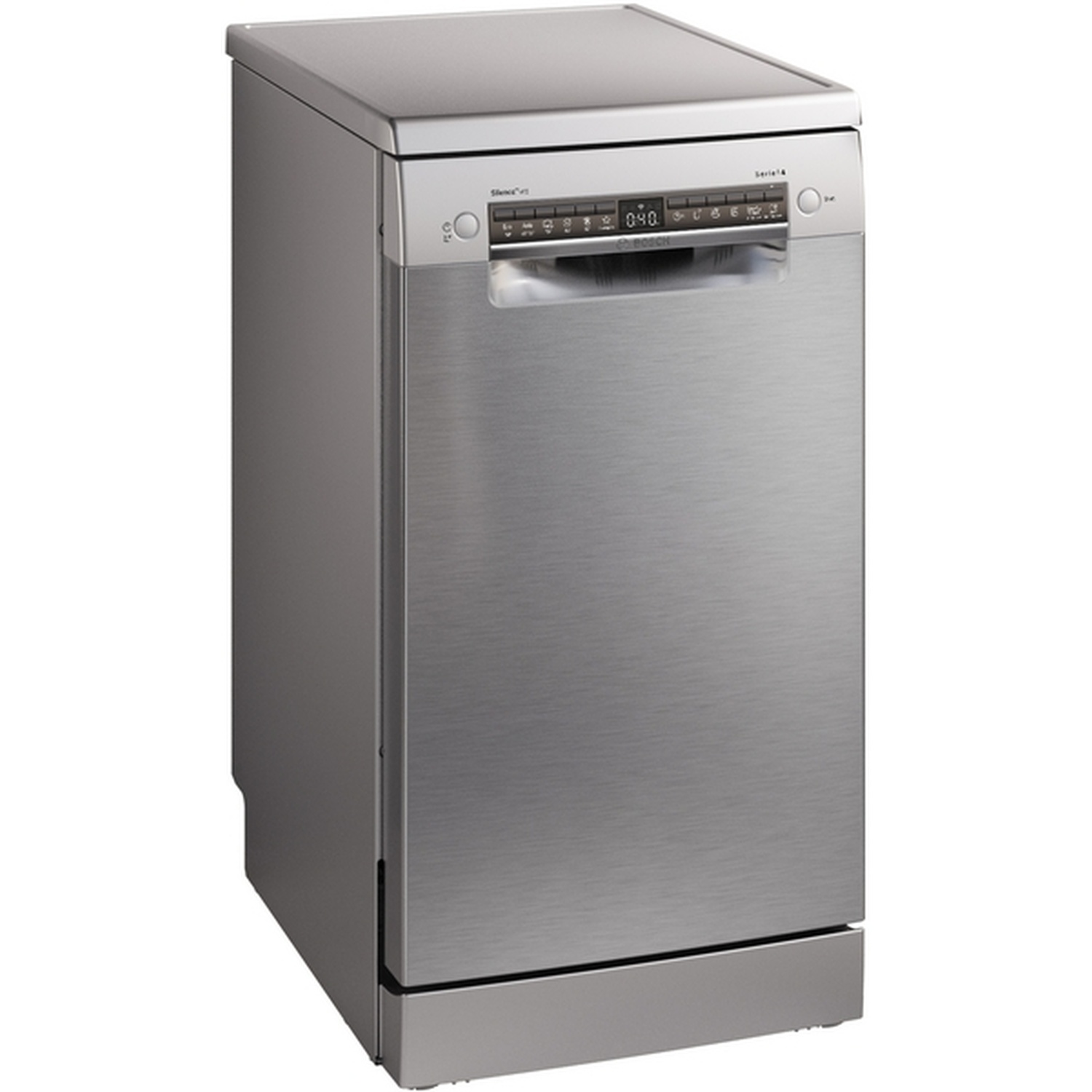 A stainless steel dishwasher stands on a white background. It has a control panel at the top and a handle below. The surface reflects light.