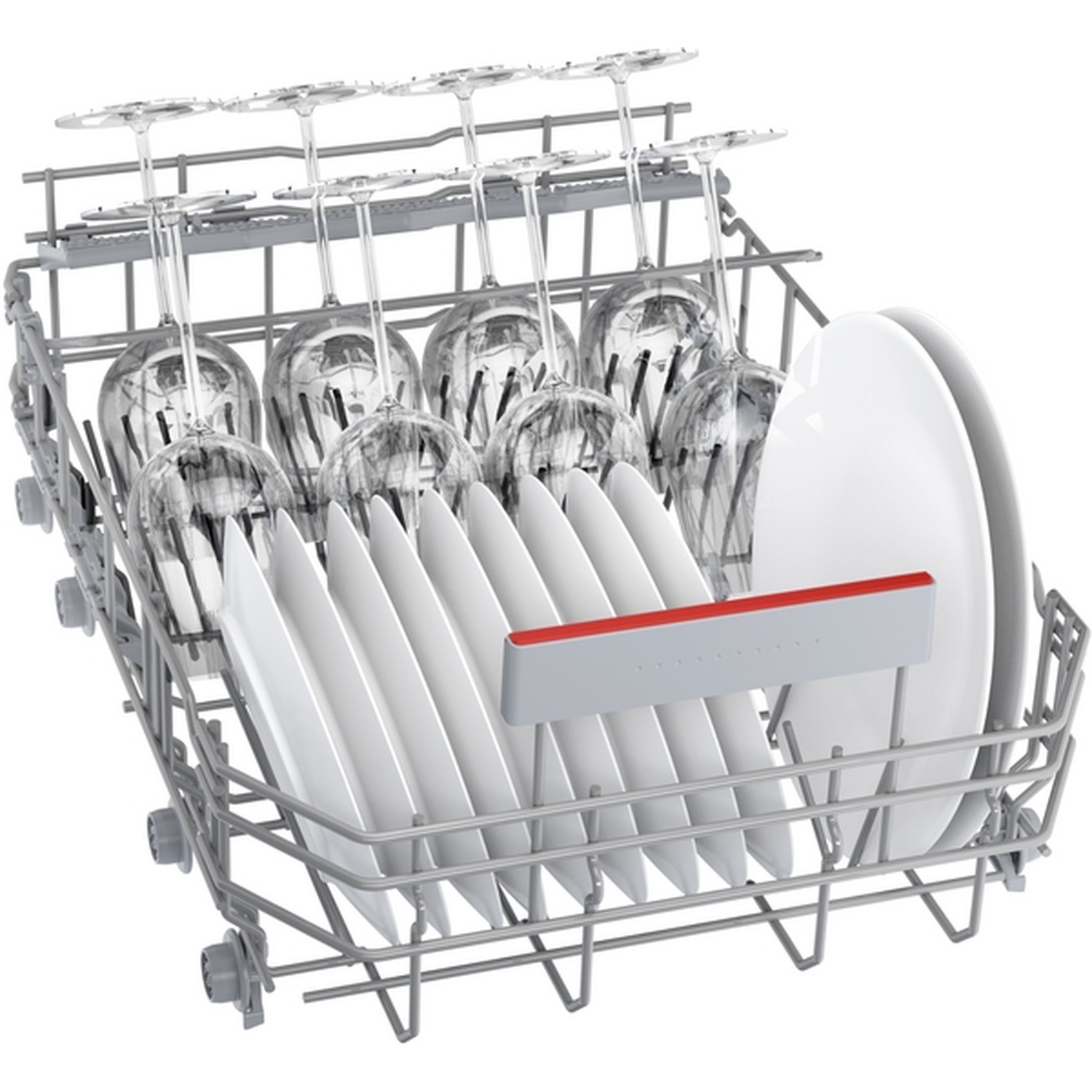 Dishwasher rack filled with wine glasses and white plates. Glasses are in the top rack, plates on the bottom.