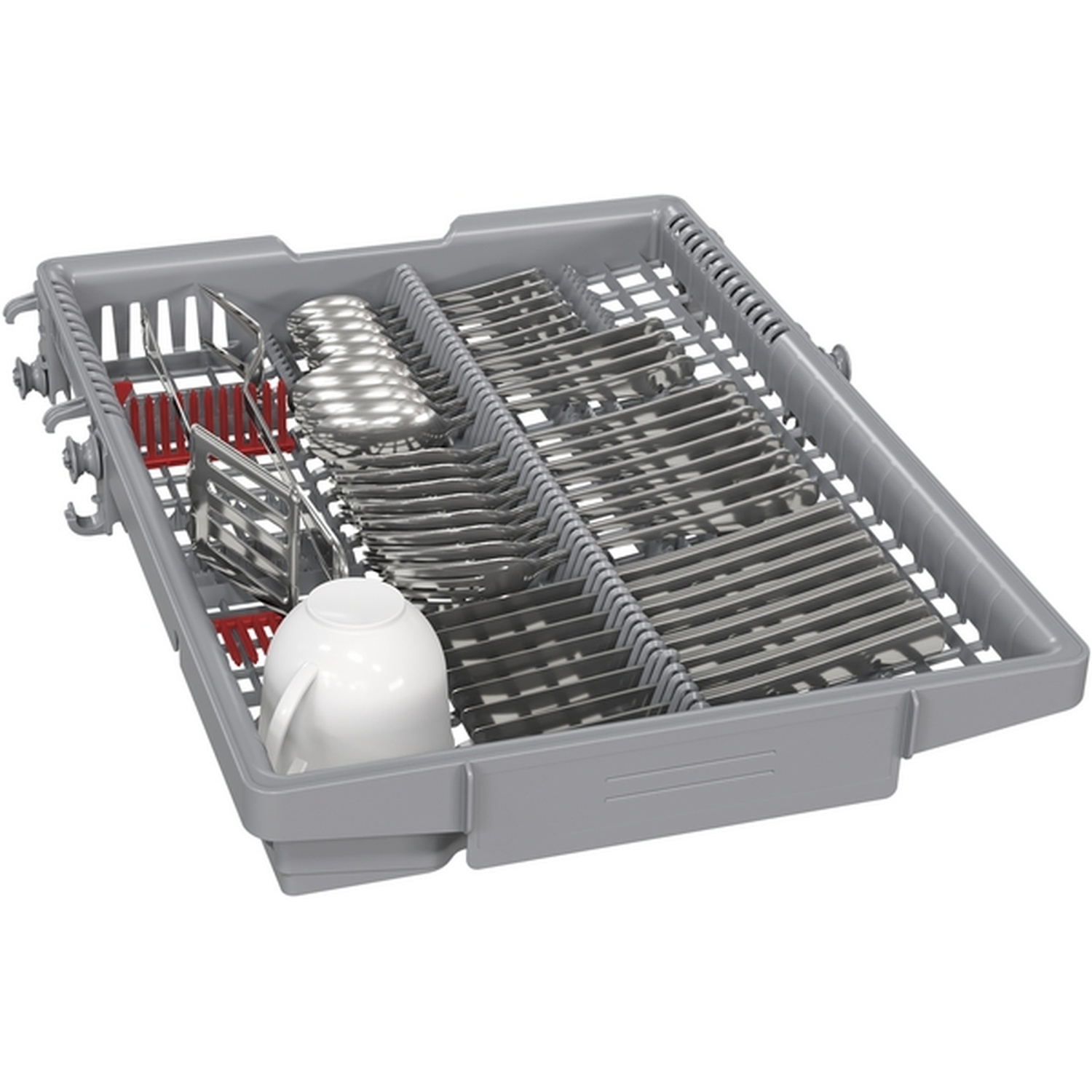 Dishwasher tray filled with silverware, including spoons, forks, and knives, plus a white teacup. Gray tray, white background.