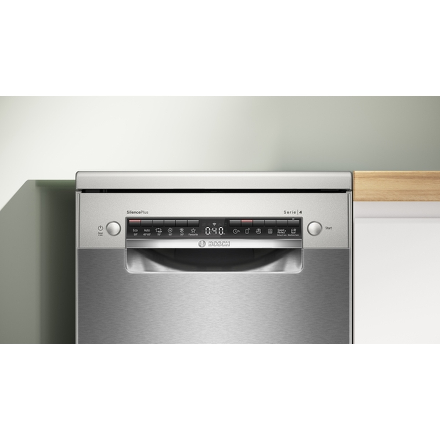 A silver Bosch dishwasher, Serie 4, with digital display showing 0:40. It has various buttons and a handle.