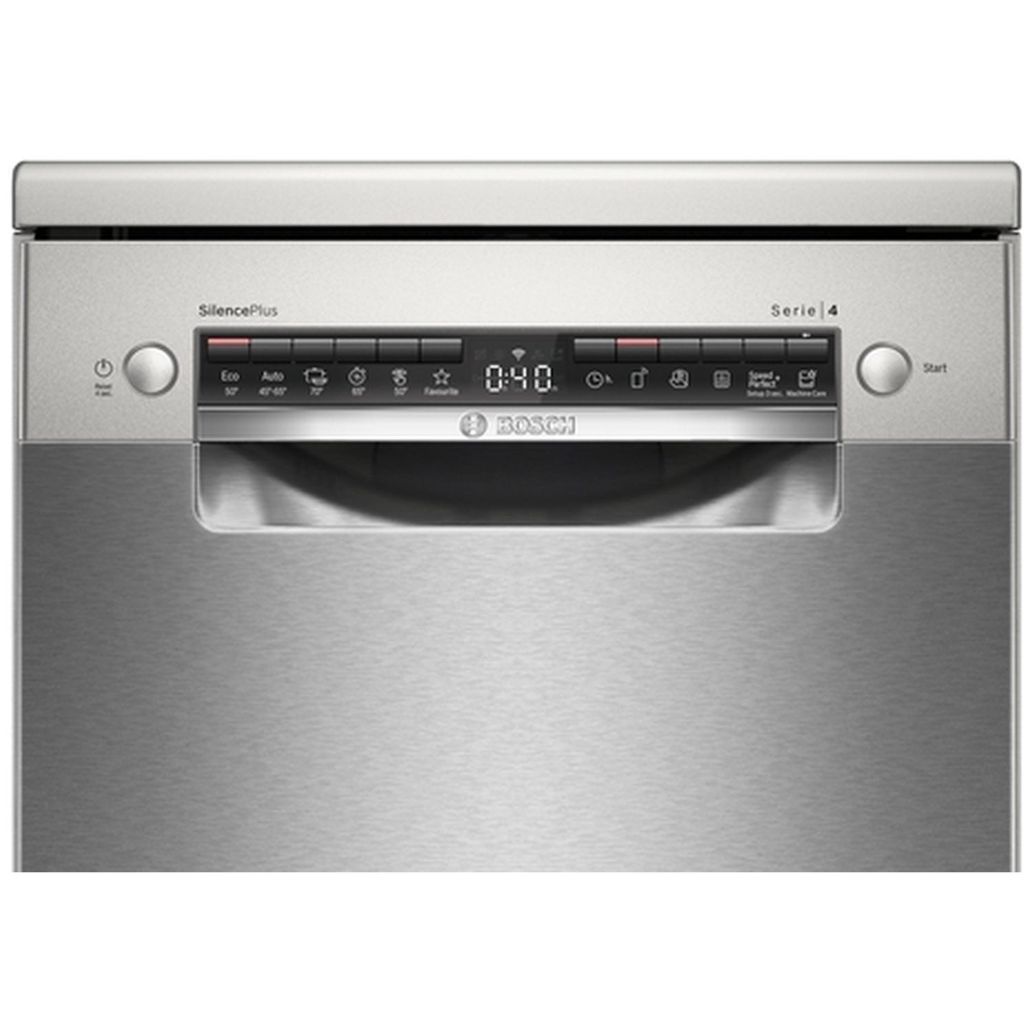 A stainless steel Bosch dishwasher. It has a control panel with buttons and a digital display showing '0:40'. The handle is at the bottom.