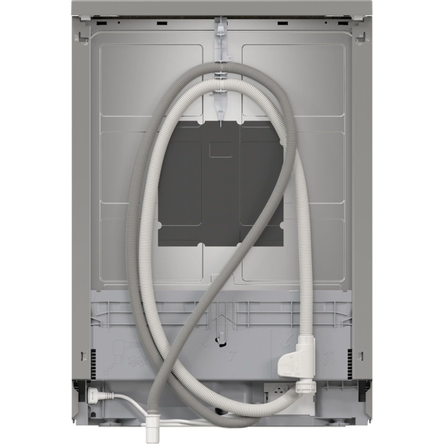Back of a dishwasher. Gray and white hoses and connectors are visible. The inside is gray and has a dark gray rectangular space.