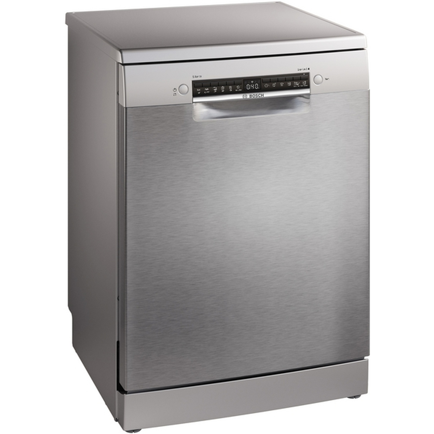 A stainless steel Bosch dishwasher. It has a control panel with buttons and a digital display. The door has a handle.