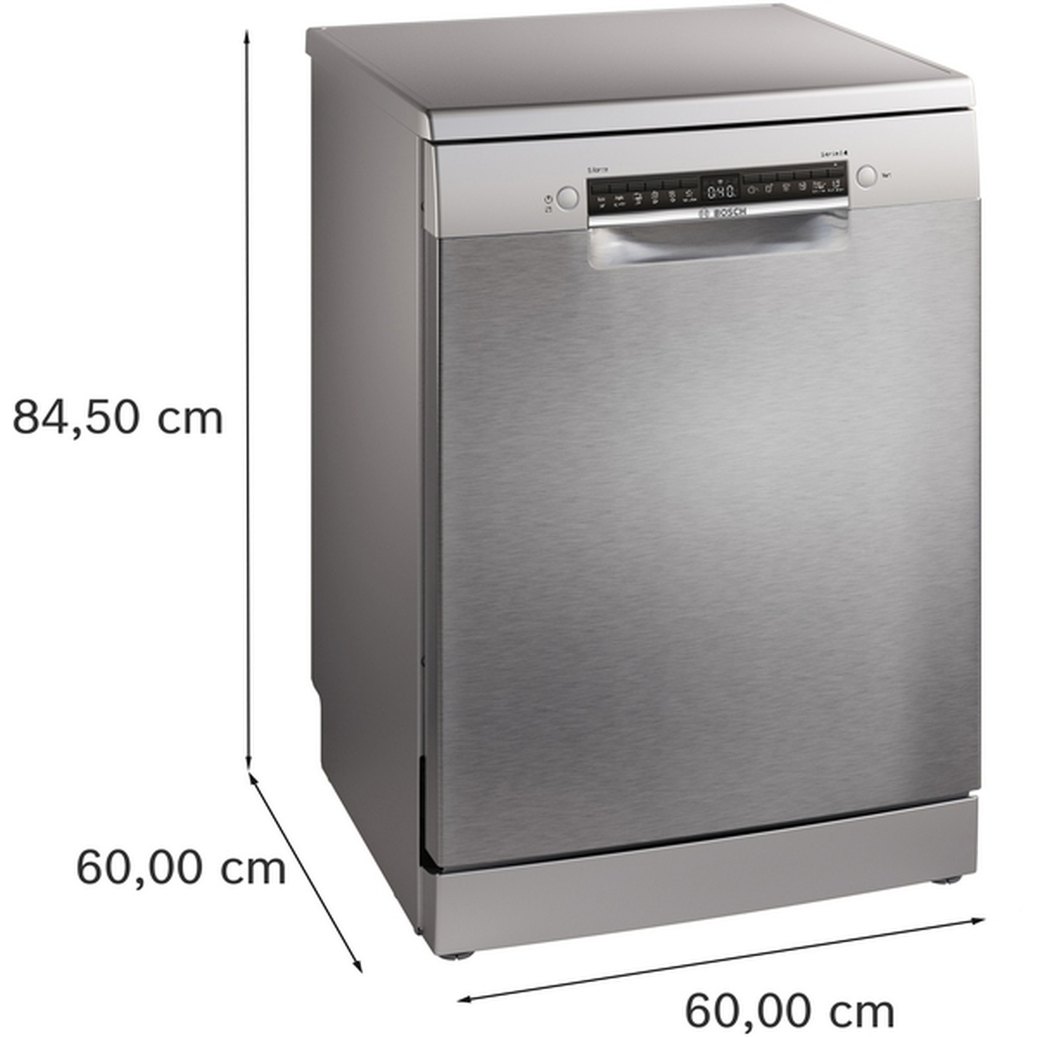 A stainless steel Bosch dishwasher with dimensions labeled: 84.50 cm height and 60.00 cm width and depth.