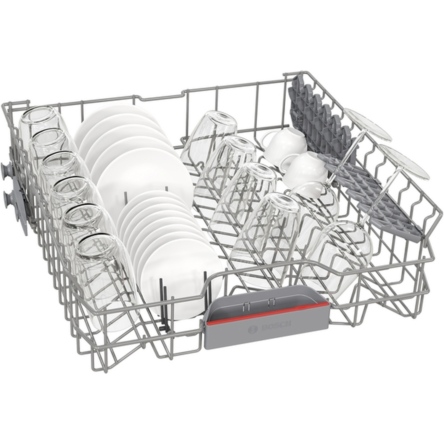 Dishwasher rack filled with plates, glasses, and cups. White dishes and clear glasses are arranged within the metal frame.