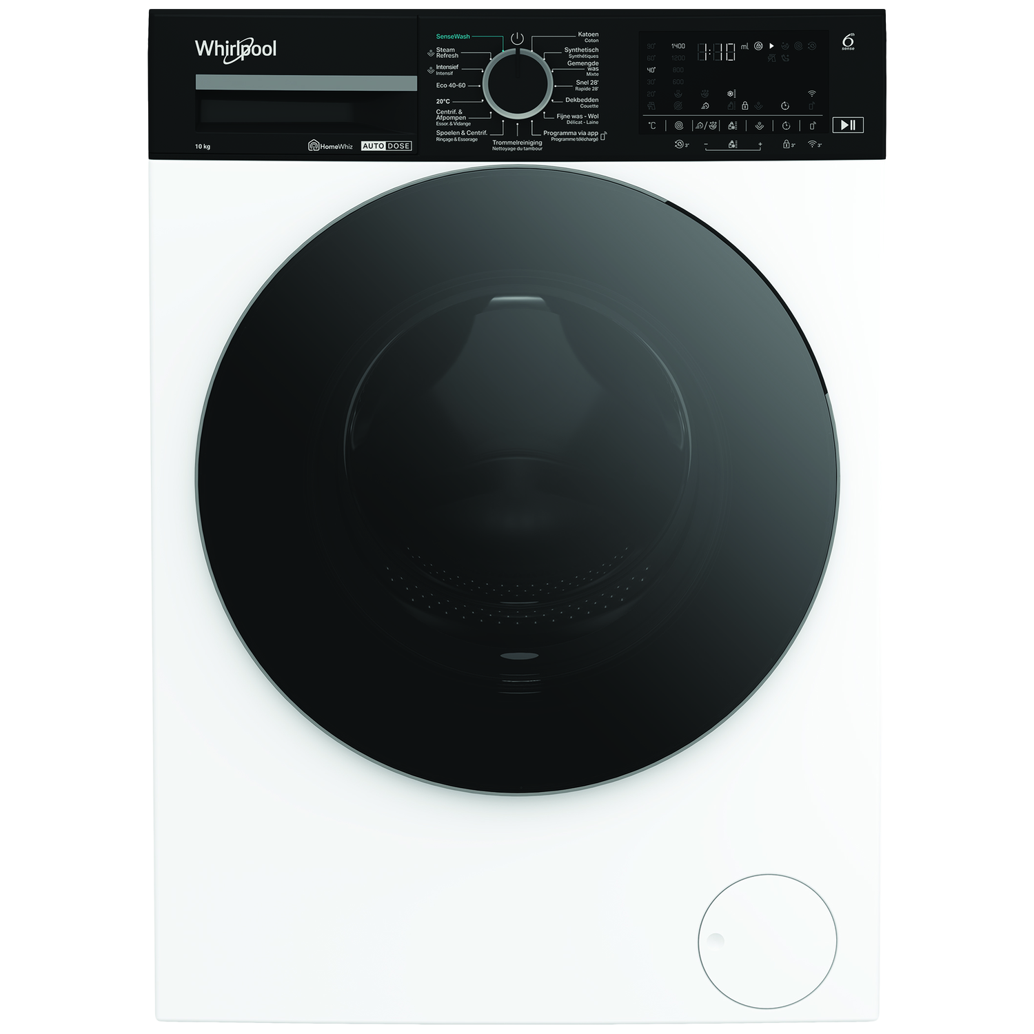 Een witte Whirlpool wasmachine met een zwarte deur en bedieningspaneel. Knoppen en een display zijn zichtbaar.
