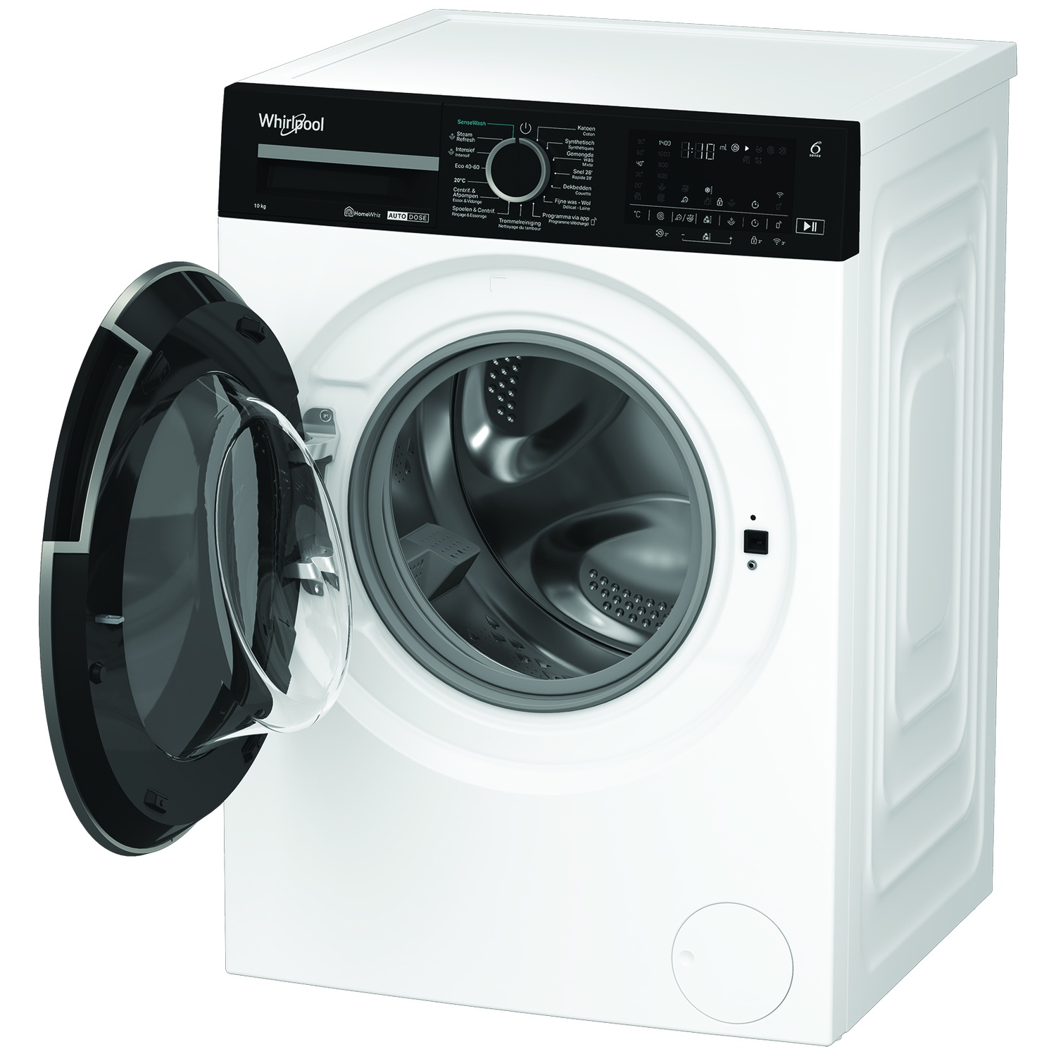 Een witte Whirlpool wasmachine met een open zwarte deur. Bedieningselementen bovenop. Een draaiknop en knoppen zijn zichtbaar.