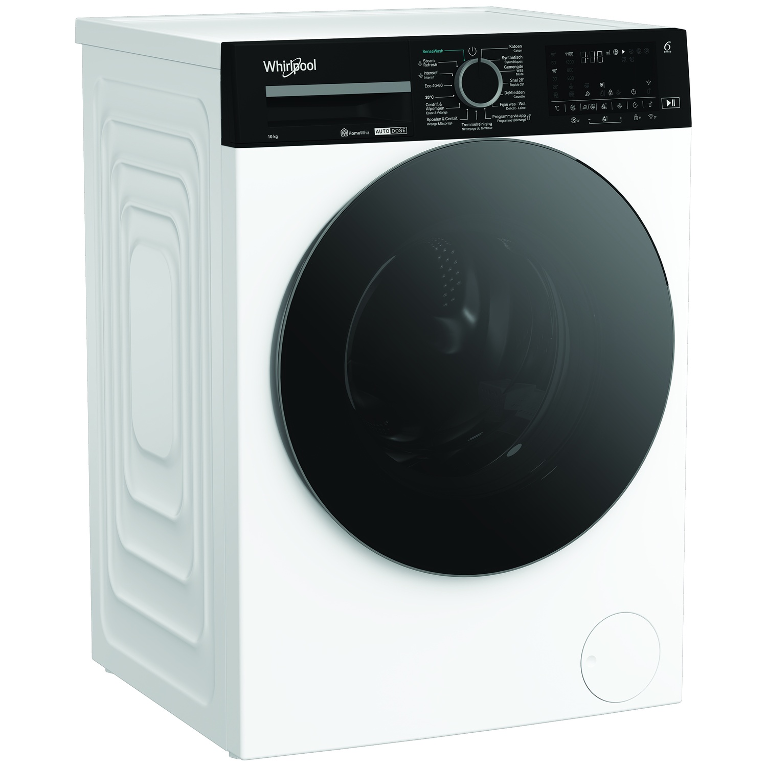 Een witte Whirlpool wasmachine. Het heeft een zwarte deur en een bedieningspaneel met verschillende knoppen en instellingen.