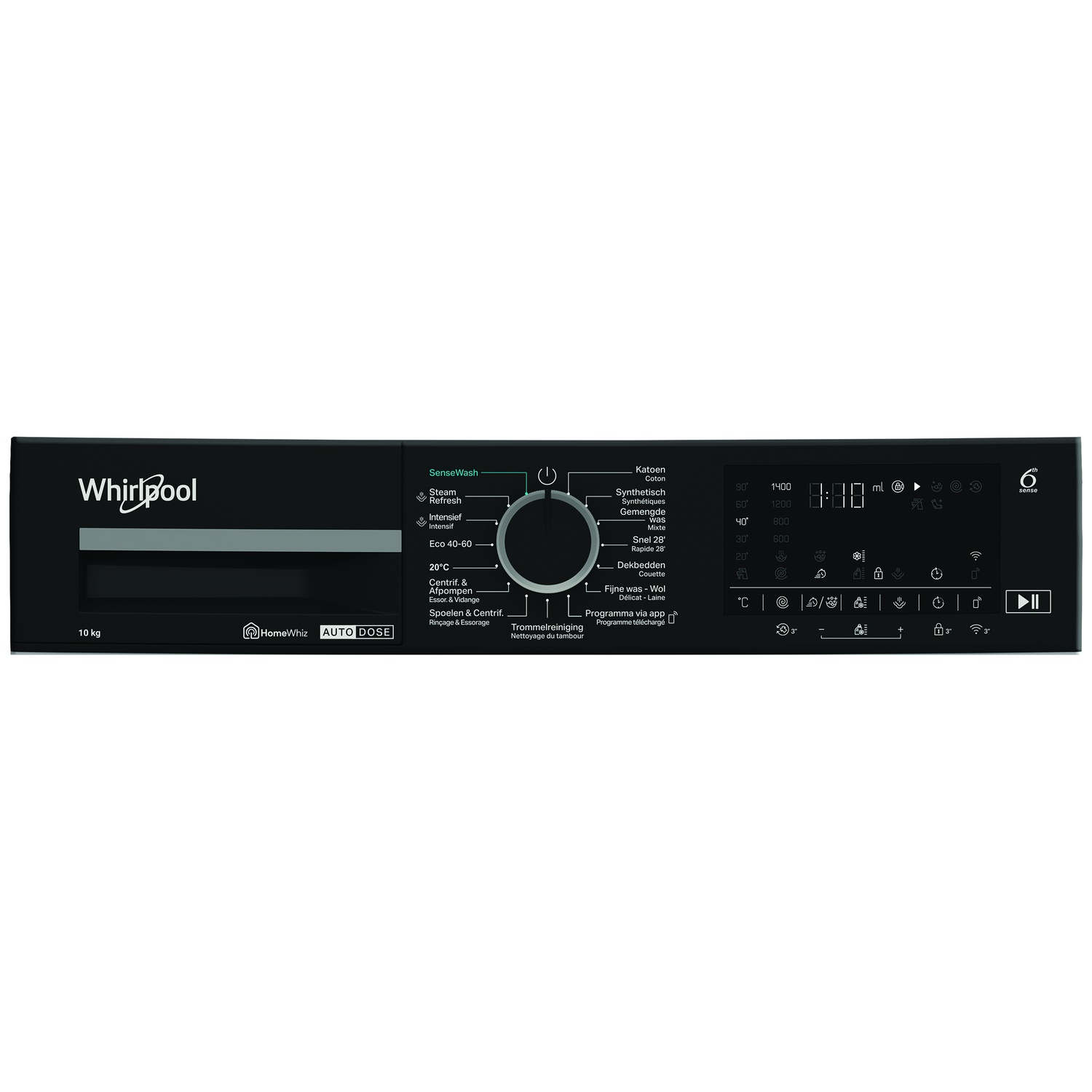 Zwart bedieningspaneel van een Whirlpool wasmachine. Het heeft knoppen voor wasprogramma's, temperatuur en een digitaal display.
