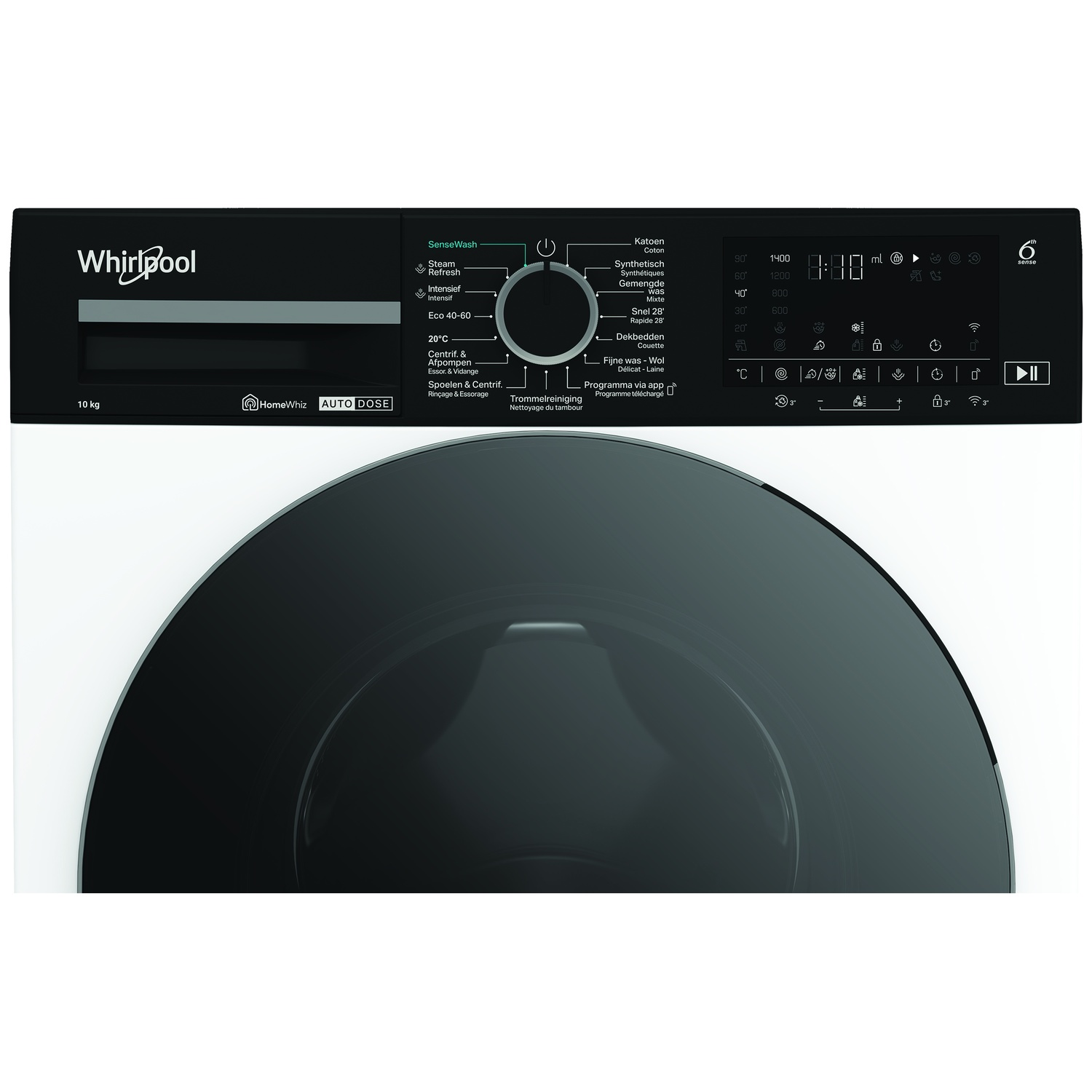 Een witte Whirlpool wasmachine. Het heeft een zwart bedieningspaneel met diverse wasopties en een digitaal display.