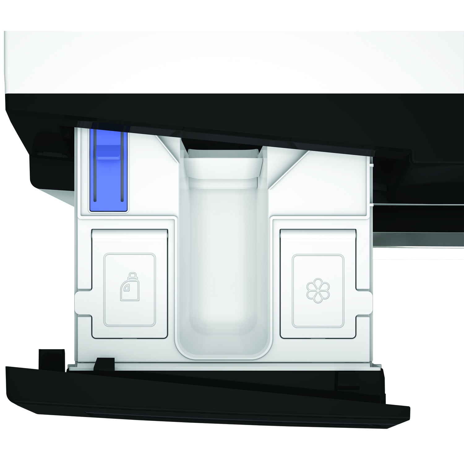 Close-up van de wasmiddellade van een wasmachine. Het heeft compartimenten voor wasmiddel, wasverzachter en voorwas. De lade is wit en zwart.