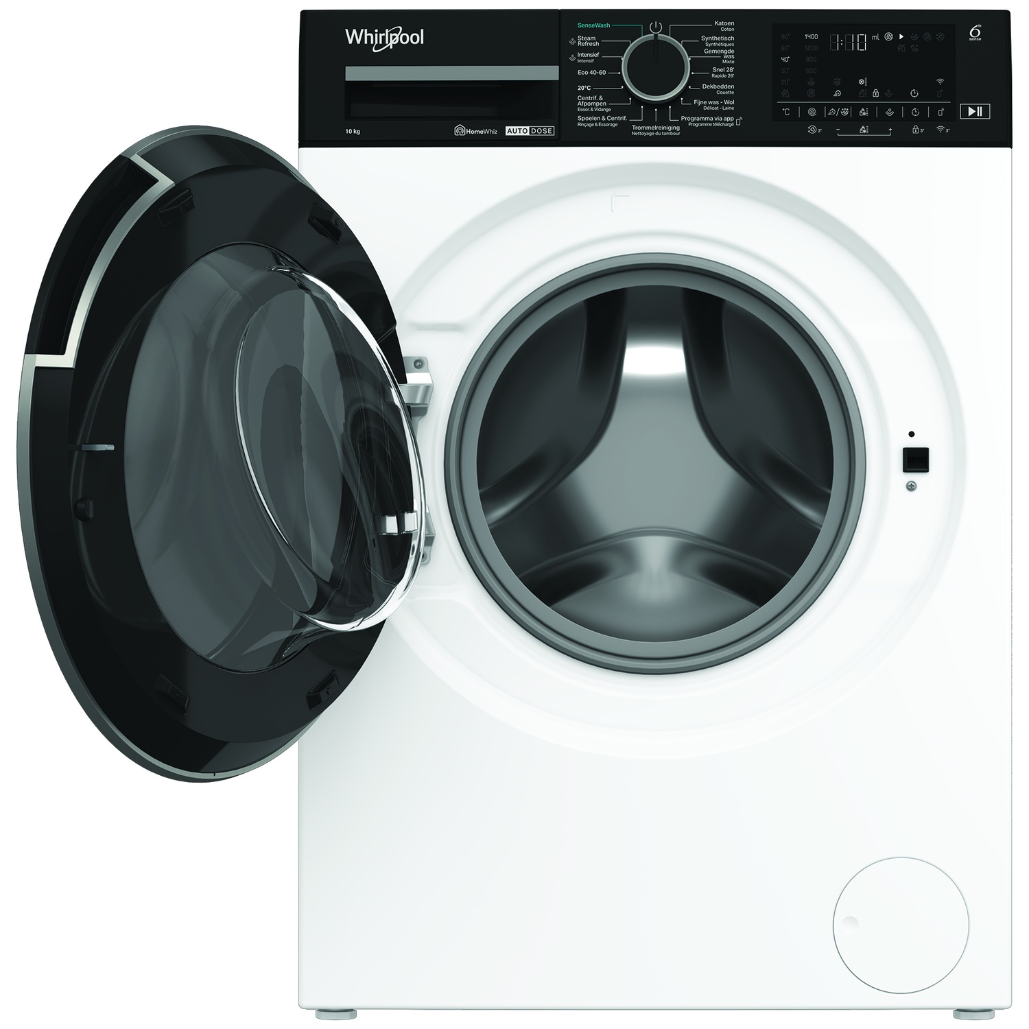Een witte Whirlpool wasmachine met een open zwarte deur. Het bedieningspaneel is zwart. De machine staat op een witte achtergrond.