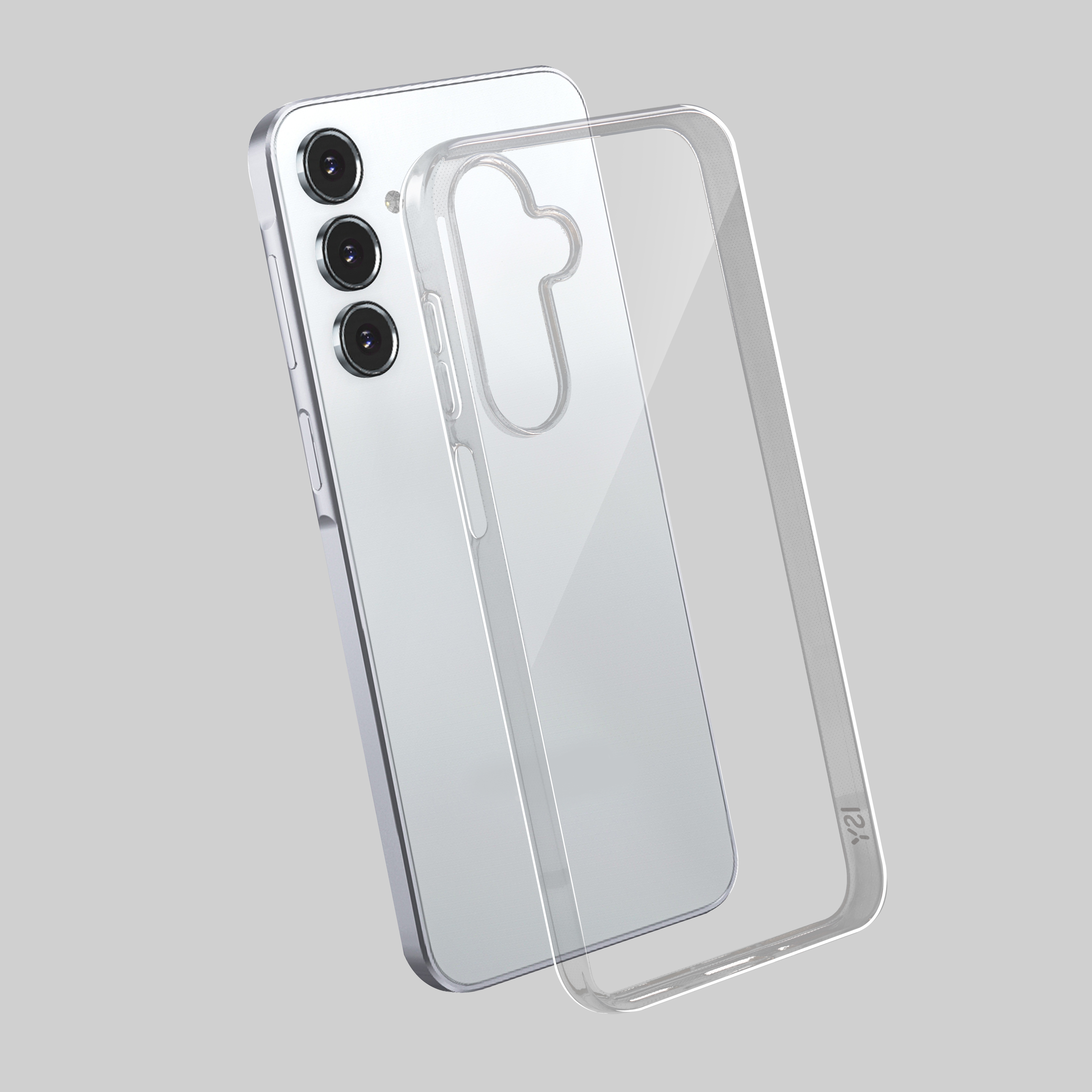 Ein silbernes Smartphone mit einer transparenten Hülle. Die Hülle ist abgewinkelt, die Kameraobjektive sind sichtbar.