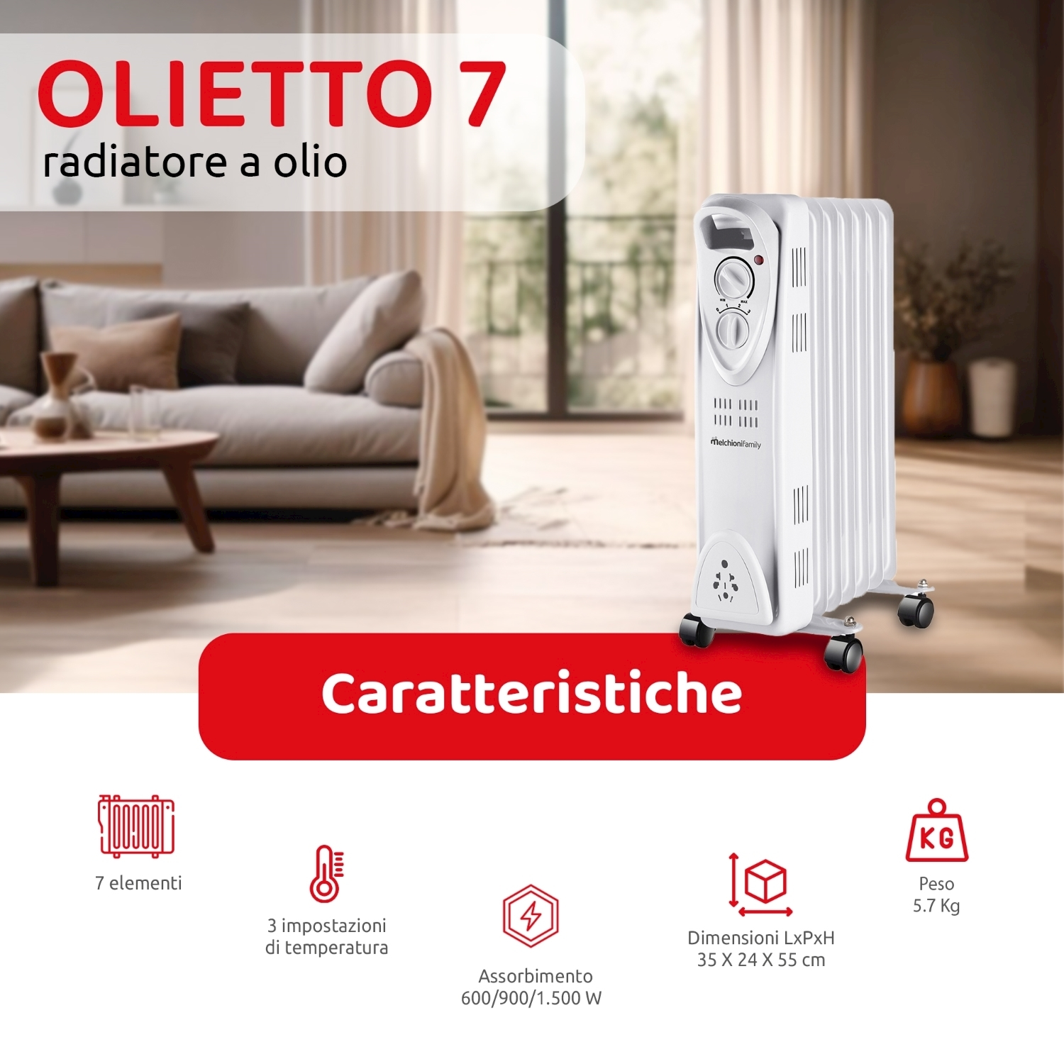 Un radiatore a olio chiamato Olietto 7. È bianco e ha le ruote. Le specifiche sono mostrate sotto il radiatore.
