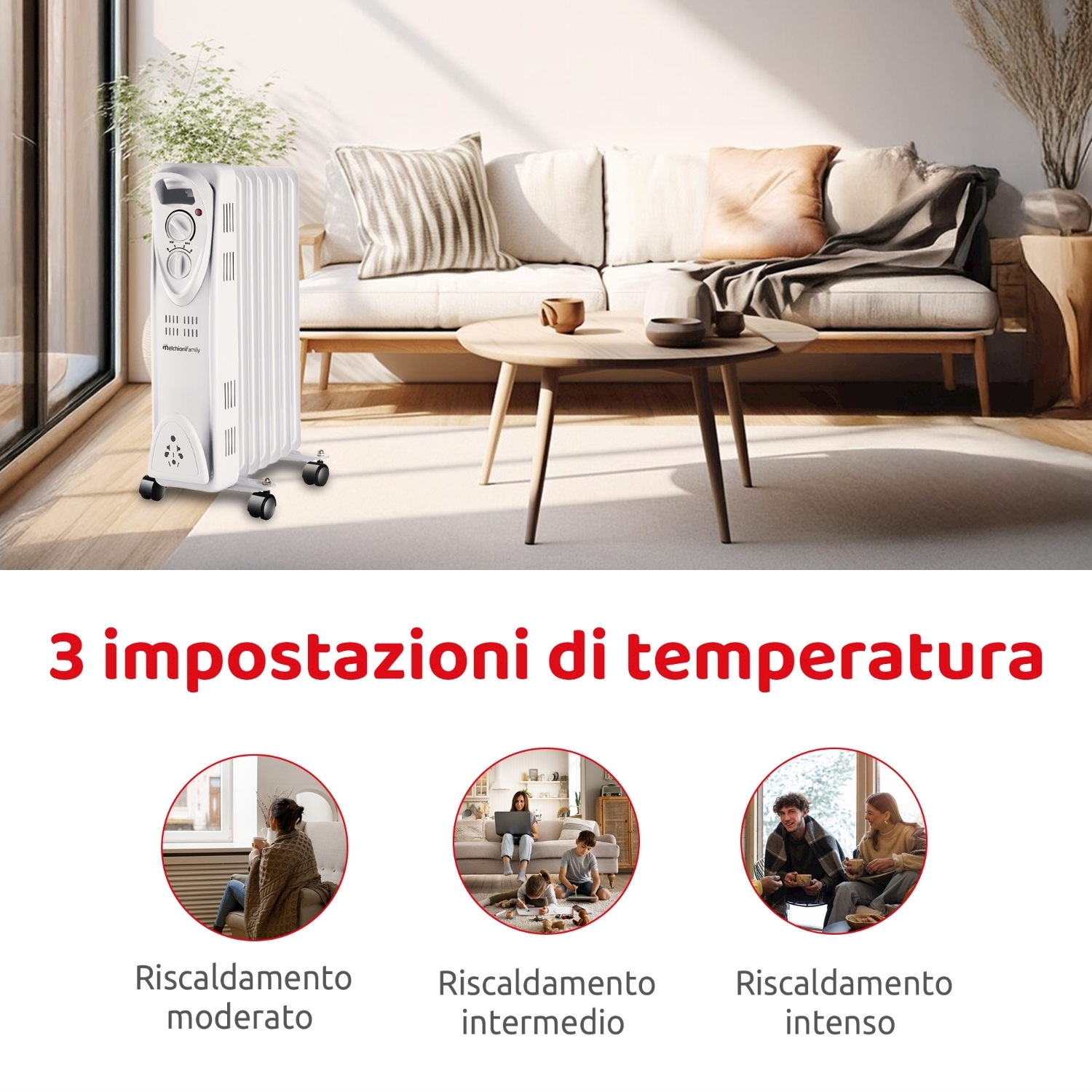 Un termosifone a olio bianco in un soggiorno. Visibili anche un divano, un tavolo e illustrazioni delle impostazioni della temperatura.