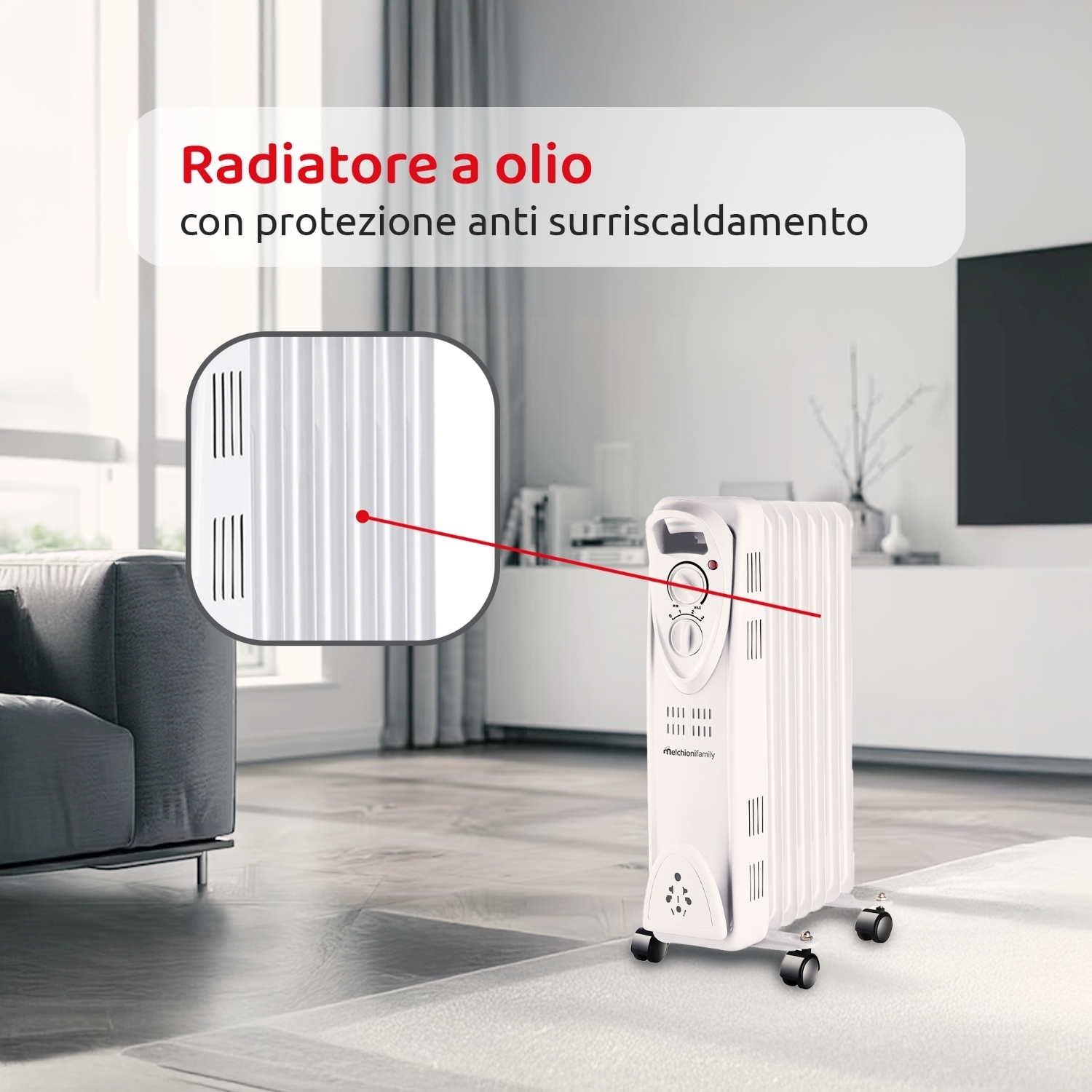 Un radiatore a olio bianco su ruote. È in un soggiorno con un divano e una finestra sullo sfondo.
