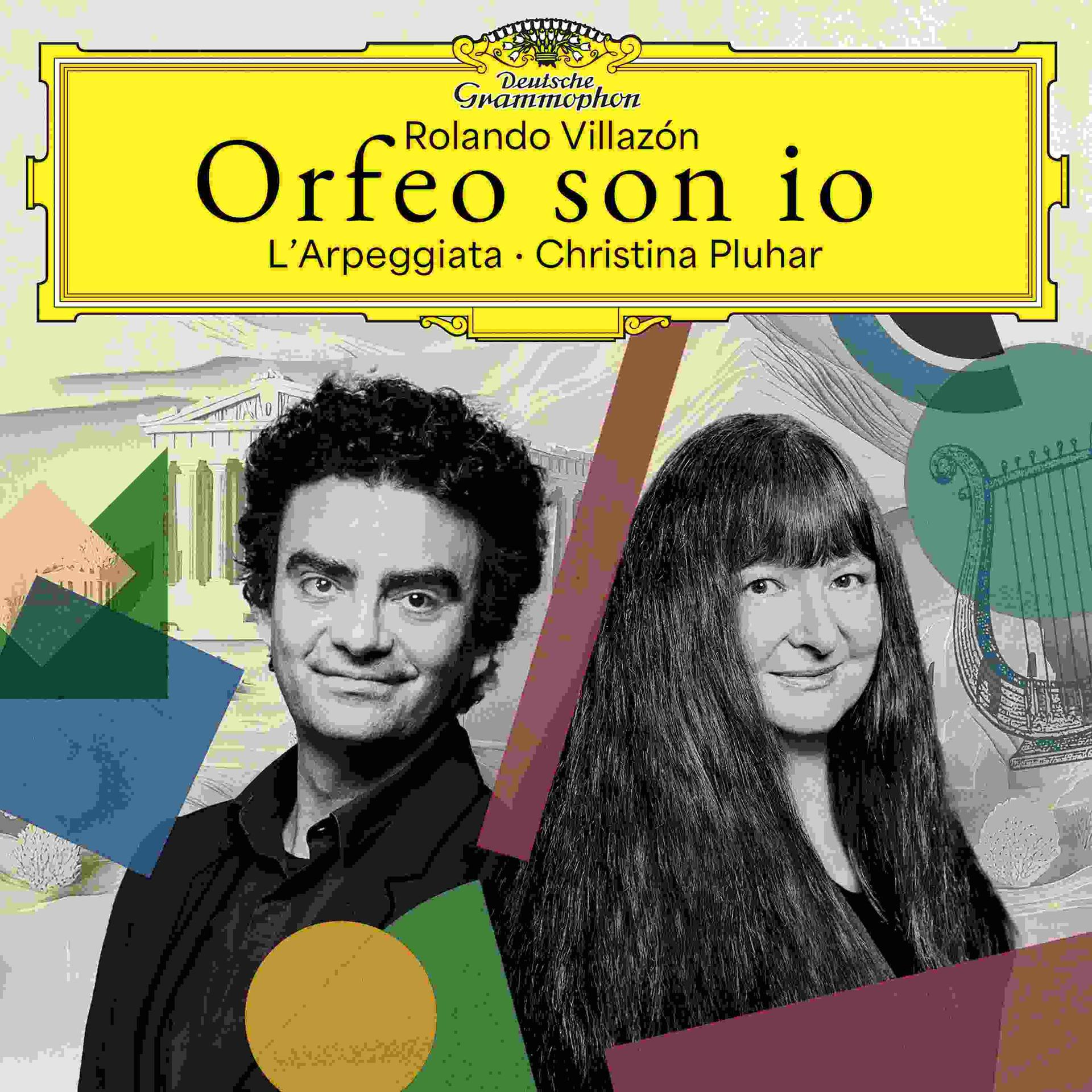 Albumcover mit zwei Personen, Text 'Orfeo son io' und bunten abstrakten Formen.