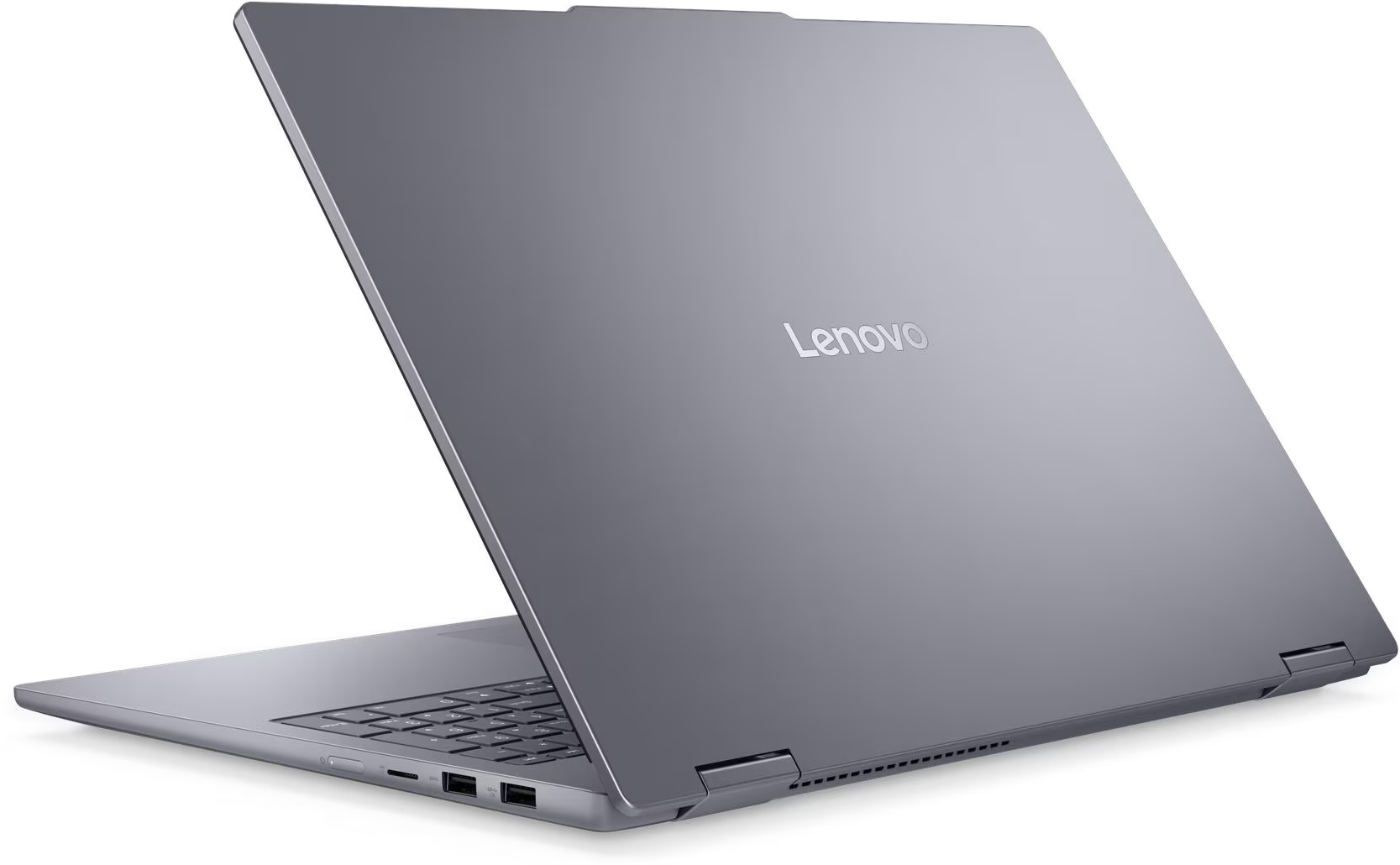 Egy szürke Lenovo laptop nyitva. A képernyő hátrahajlik, a Lenovo logót mutatva. A billentyűzet látható.