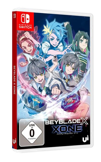 Nintendo Switch Spielhülle. Das Cover zeigt Anime-Charaktere mit bunten Haaren, die Kreisel halten, mit dem Titel Beyblade X Xone.