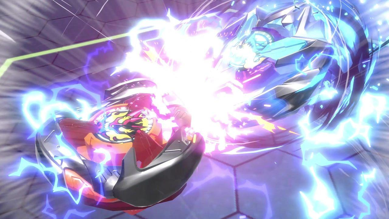 Zwei sich duellierende Kreisel mit Energieeffekten. Einer ist rot und silber, der andere blau und silber. Funken und Licht umgeben sie.