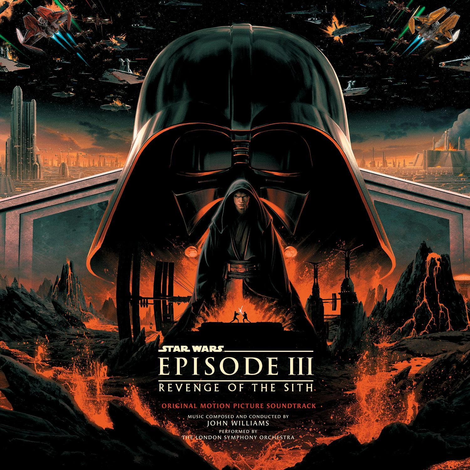 Darth Vader sisakja kapucnis figurával, láva, űrcsata, III. epizód cím.