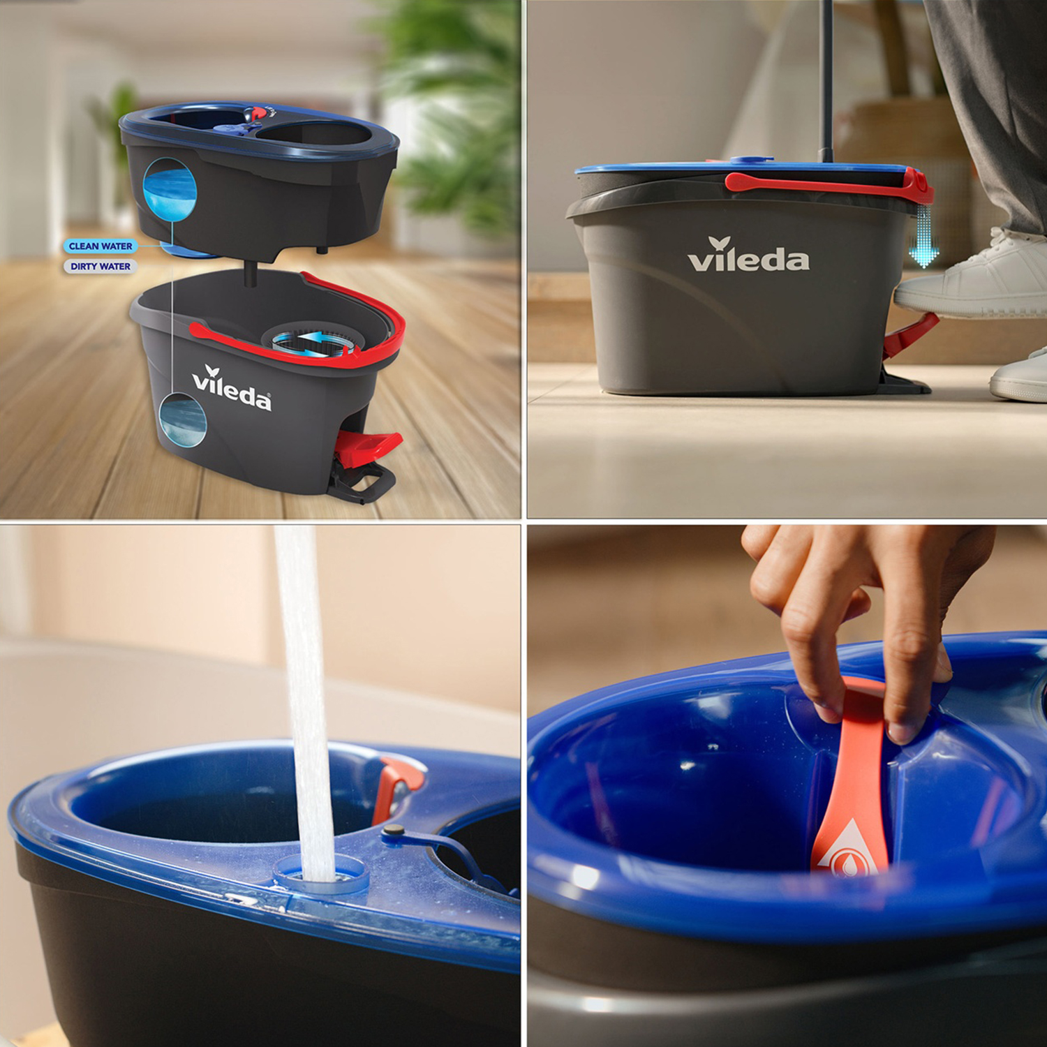 Un secchio per mocio Vileda con pedale. Scomparti per acqua pulita e sporca. Una persona preme il pedale.