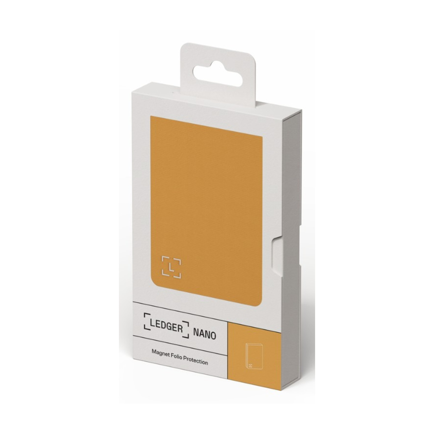 Scatola bianca con pannello giallo. Testo: 'Ledger Nano' e 'Magnet Folio Protection'. Confezione prodotto con maniglia.