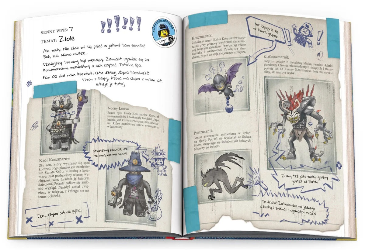 Otwarta książka z rysunkami potworów i tekstem po polsku. Zawiera ilustracje strasznych stworzeń.