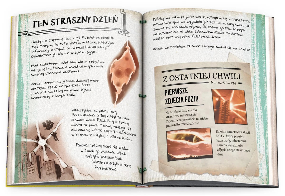 Otwarta książka z tekstem i ilustracjami. Pokazuje historię o katastrofie w Ninjago City, ze zdjęciami miasta i pęknięcia.
