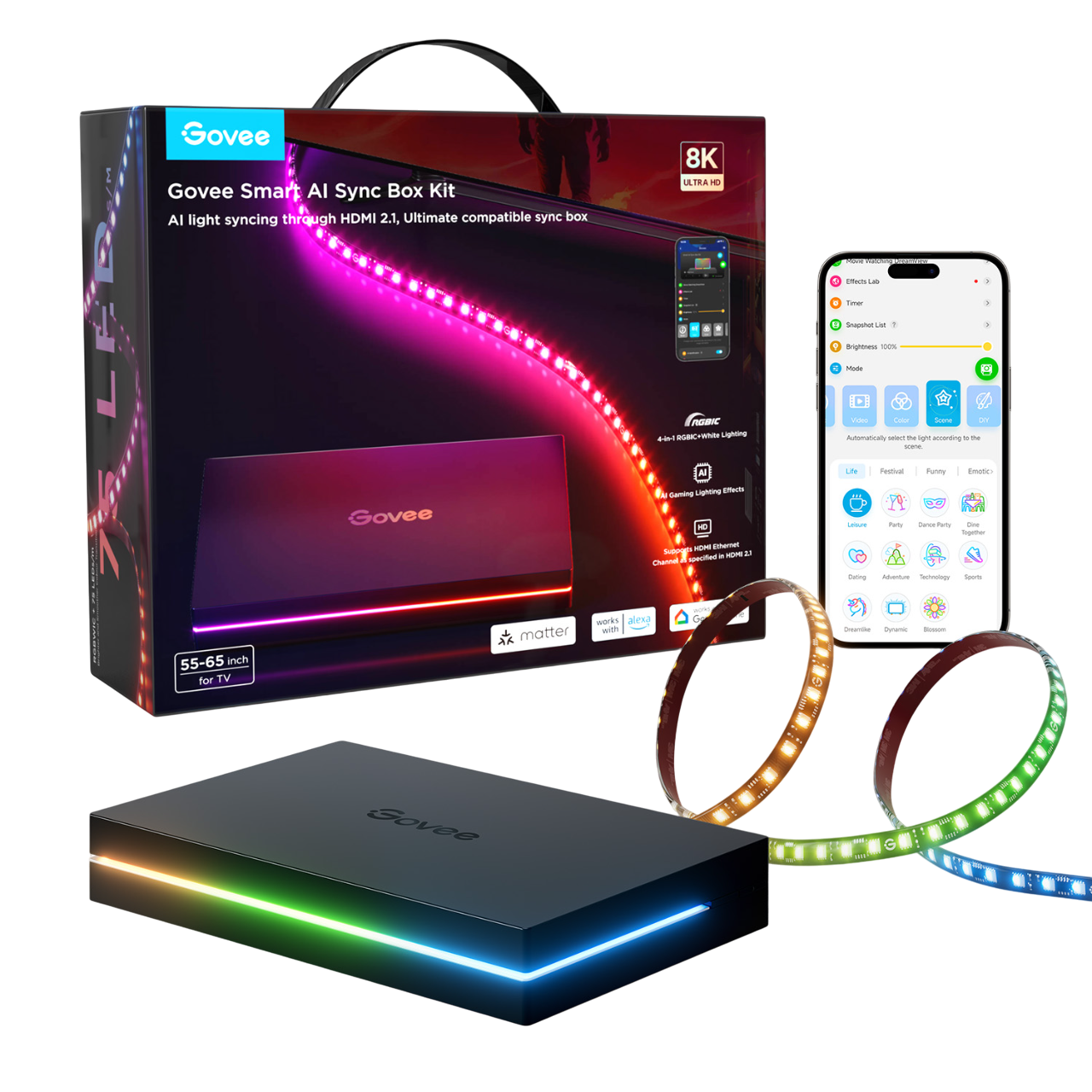 Govee Smart AI Sync Box Kiti, LED şeritler ve telefon uygulaması arayüzü, ayrıca akıllı bir kutu ile birlikte, hepsi siyah bir arka planda.