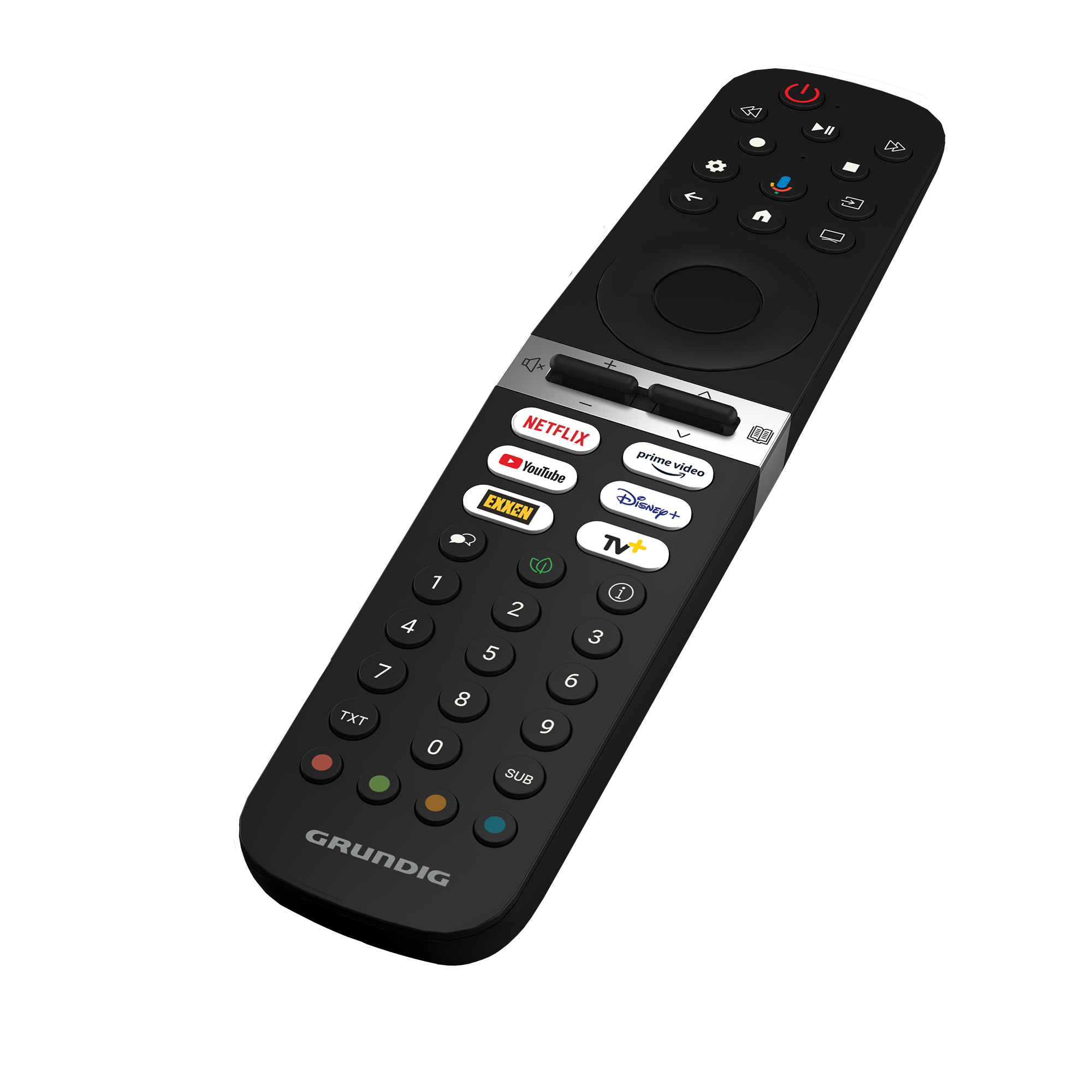 Siyah Grundig uzaktan kumanda, güç, ses, Netflix, YouTube, numara düğmeleriyle. Siyah arka plan.