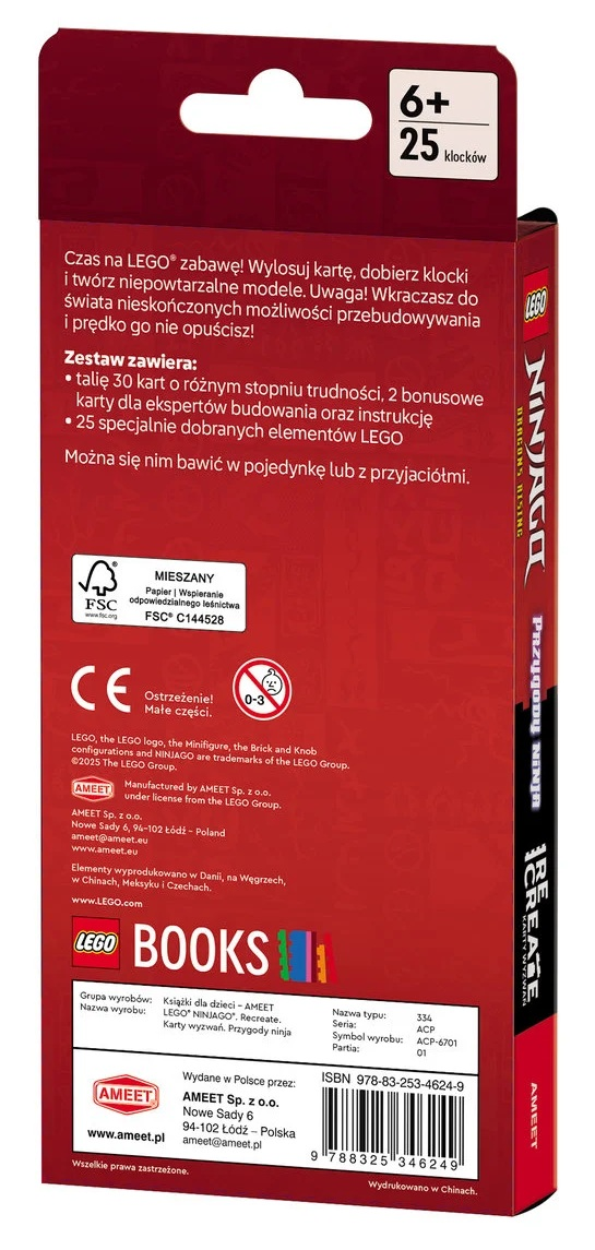Czerwone pudełko z detalami zestawu LEGO Ninjago. Zawiera tekst, zakres wieku, logo LEGO i informacje o produkcie.