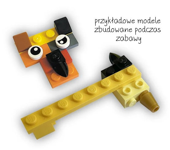 Dwa modele Lego: twarz podobna do psa i żółta konstrukcja z brązowym stożkiem. Obie na białym tle, tekst na górze.