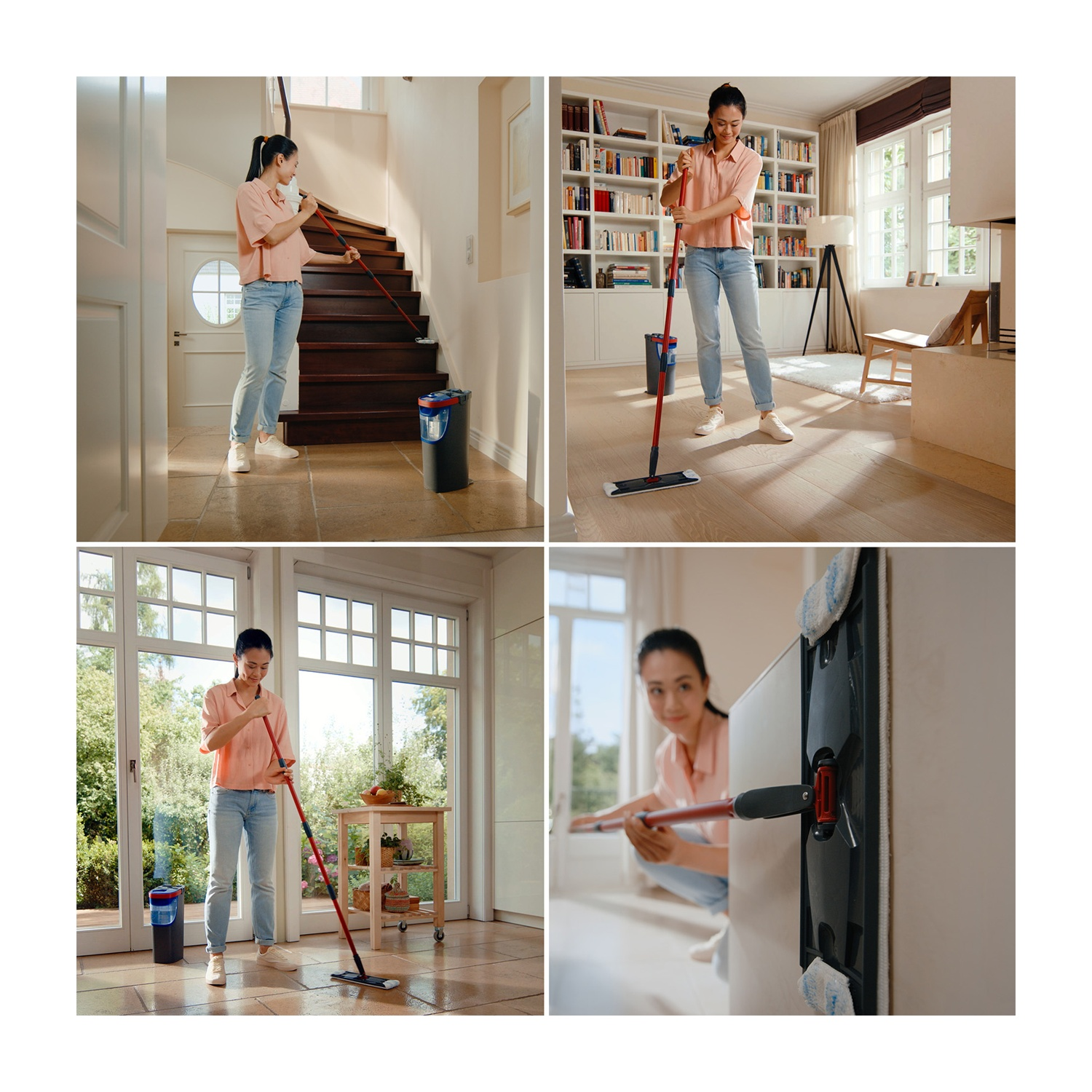 Una donna lava i pavimenti in stanze diverse. Usa un mocio rosso e nero. C'è un secchio e un tavolo con frutta.